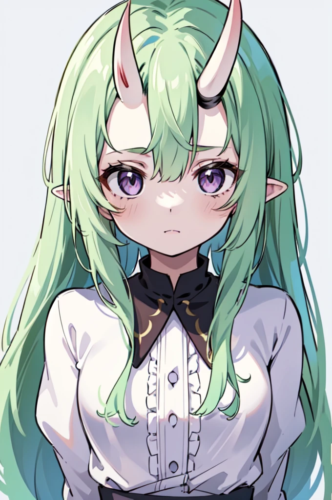 masterpiece, best quality, 4k, face close-up, portrait, 1girl, solo, beige hair, light green hair, pale green hair long hair, purple eyes, empty eyes, small breasts, (oni girl, oni horns, forehead horns), serious, neutral, white blouse, one piece blouse, medieval fashion, standing, arms behind back, looking at viewer, white background, simple background, transparent background