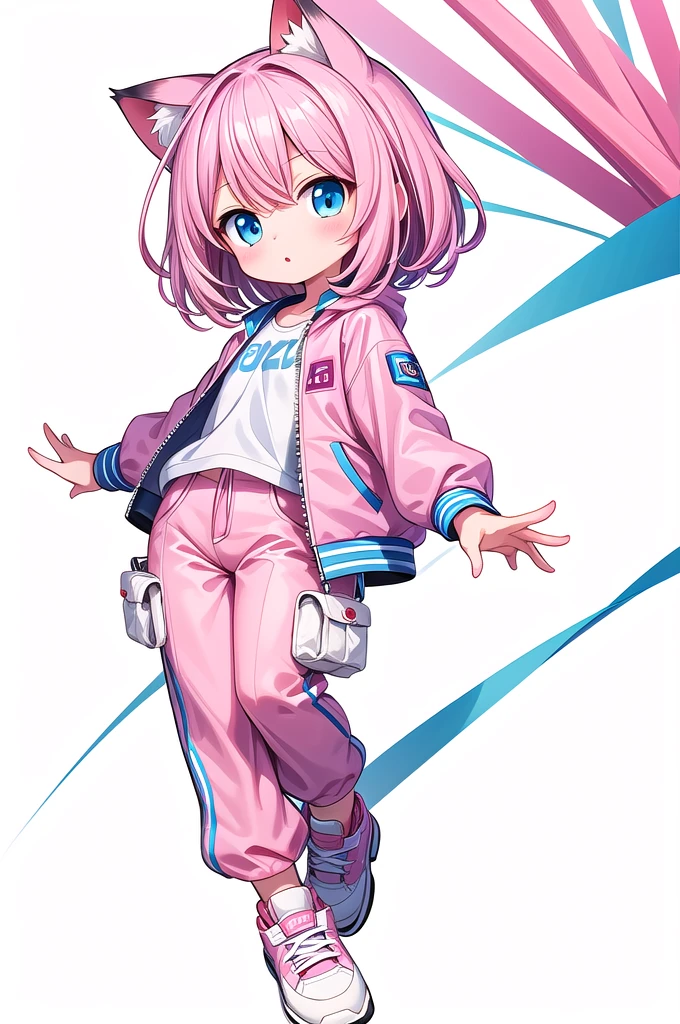 Short white hair girl, cat ears, heterochromatic pupil solo, pink pants, blue eyes, pink hair, white background, pink jacket, white footwear, 1girl, simple background, pants