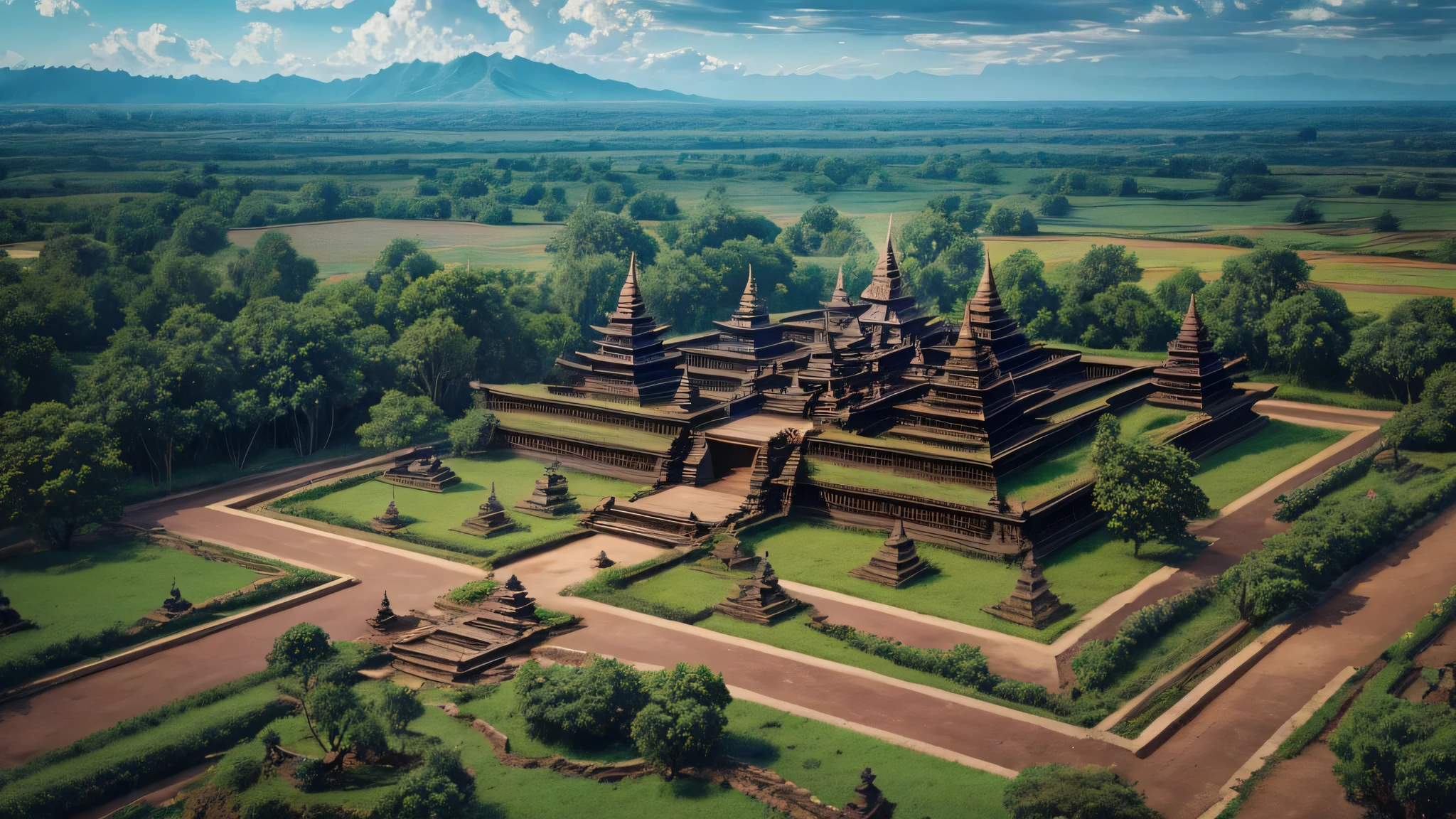 fantasy art, ancient Javanese Hindu royal palace, brick fence, surrounded by ancient village houses, gothic, dark, mysterious, realistic, top view