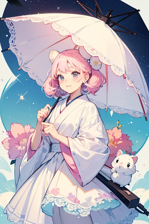Flurry is a white hamster with light blue eyebrows and paws. Her round, black eyes along with her English and Japanese names heavily imply she is based on the Winter White dwarf species of hamster. The insides of her ears are dark pink and she has a peach muzzle. She carries the Lacy Parasol as her umbrella. SPARKLE; GLITTER