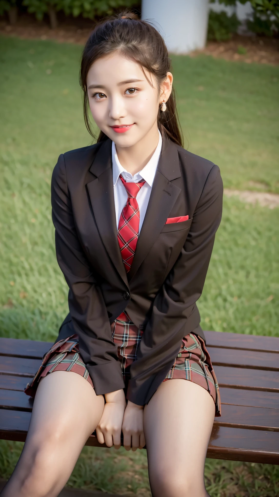 (8K), (highest quality: 1.2), (realistic), (realistic: 1.37), ultra high resolution, 1 girl, cute, smile, closed mouth, beautiful details, beautiful nose, wet hair, red lip,small earrings,giant dulcefo, pork, thighs,self snap,University Student Uniform,sunny day,I can see the sea,sit on a bench,cross your legs,Look down,From above,(Simple light brown blazer 1),(dark brown pleated skirt),(dark red bow tie),(The pattern of the skirt and tie is a tartan check pattern...:1.3),濡れたthighs,knee high tights,(thighsにクローズアップ1)