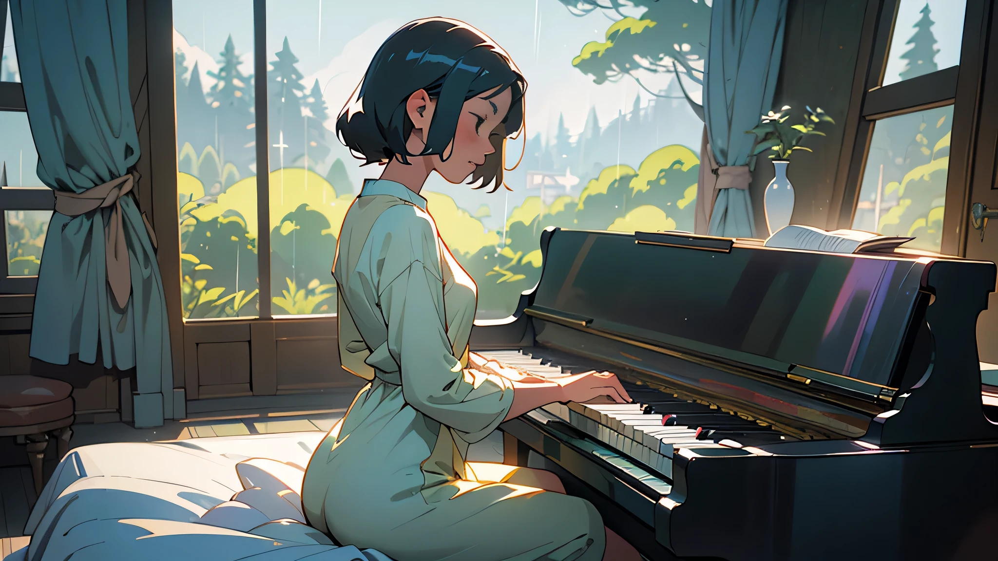 (HENTAI ANIME) (fundo bonito e claro:1.2), modelo de jogo，A scene of a cute sexy college girl playing the piano in her room in short pajamas, medium breasts, sexy, back view, bunda bonita, aconchegante, um pouco escuro e azul por dentro, a soft, warm light enters between the curtains where you can see a rainy gray sky and trees in a field landscape, um gato branco dormindo, Studio Ghibli style illustration, grande angular, linhas simples, Ghibli, obra-prima, beautiful anime scenery, a cartoon scene of a beautiful college girl playing the piano in her room, aconchegante, um pouco escuro por dentro, a soft light enters between the courts where it is possible to see a rainy gray sky and trees of a rural landscape, um gato dormindo, Studio Ghibli style illustration, grande angular, linhas simples, Ghibli, obra-prima, beautiful anime scenery, principalmente azul , Beautiful and Aesthetic: 1,2), (1 menina), muito detalhado, colorido, atraente, Stunning lighting，The light is delicate，obra de arte，Ultra detalhado，epic composition，super HD，alta qualidade，mais alta qualidade, WAIFU