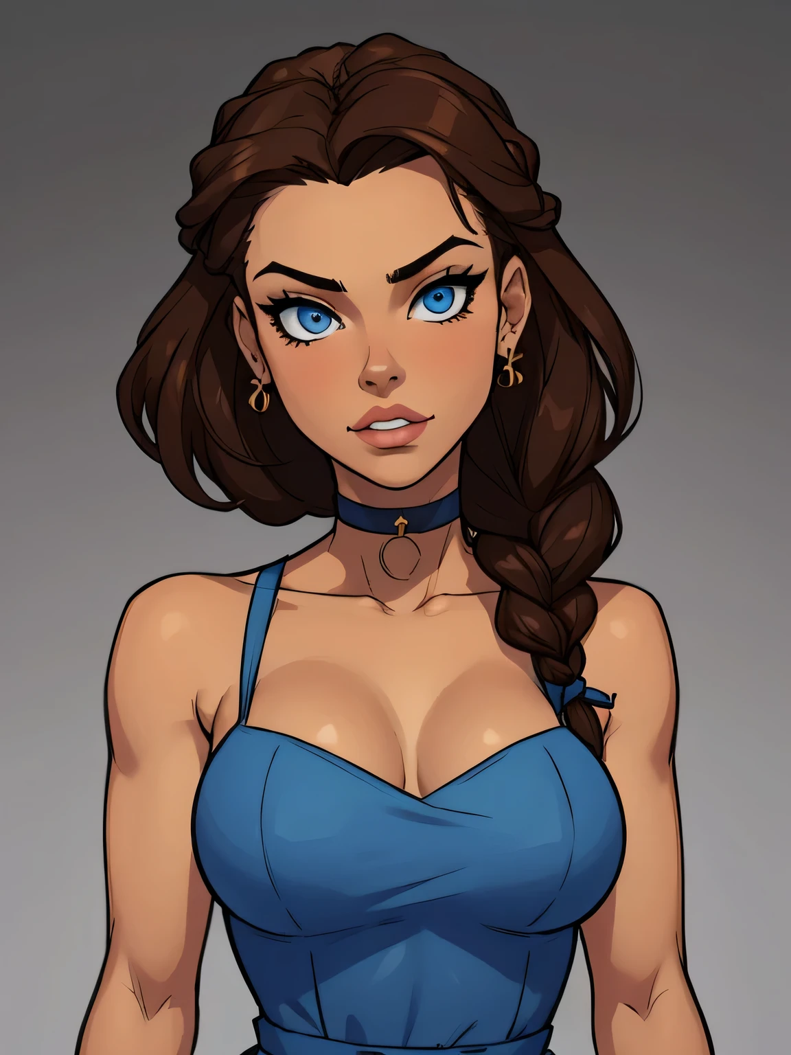 1girl, katara, brown hair, braid, blue dress, blue eyes, dark skin, choker