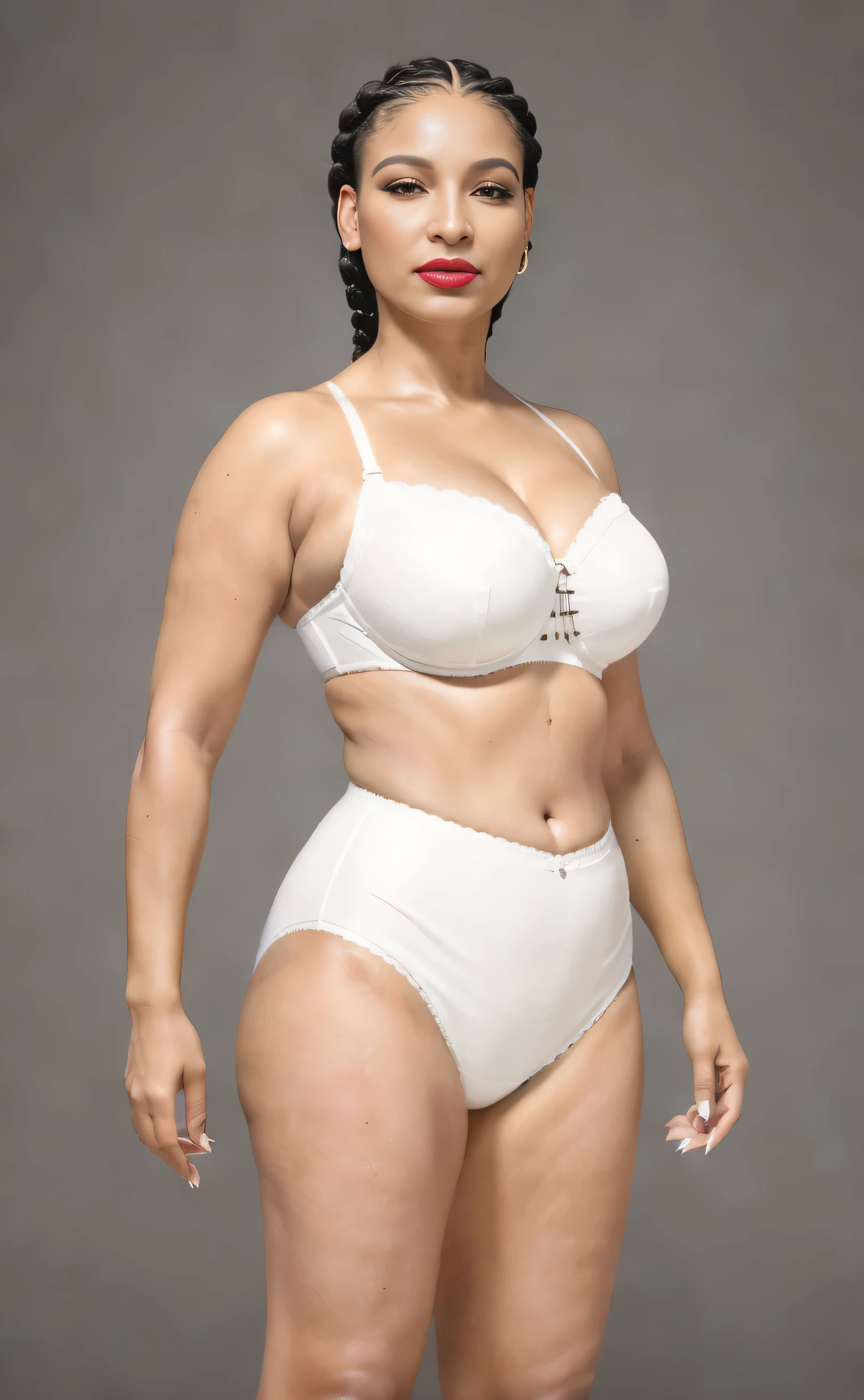 ((masterpiece, best quality)), ((37 year old)), (((Curvy))), (((Latina with black braids)), in white bra, ((white cotton panties)), red lipstick, Standing in front of a grey screen, (((photo realistic)))