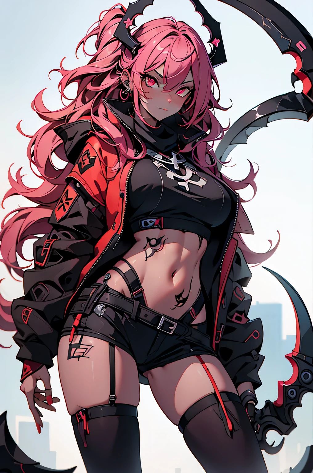 1girl, rebecca \(cyberpunk\), ((full body)),(( a huge big scythe, the size of half of the screen:1.5 )),solo, blonde braid hair, glowing red eyes,laugh fearlessly, leg tattoo, neck tattoo,  large chest, black bra, thong, red pupils, skin fang, red eyes, black jacket, 