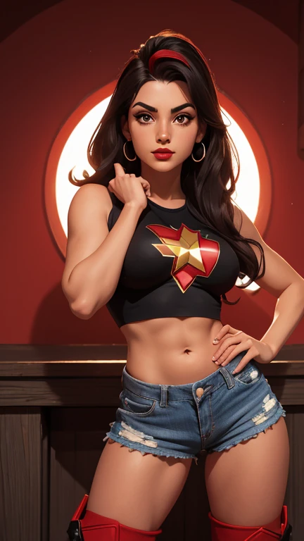mulher, Pele branca, cabelo preto, cabelo ondulado, cabelo longo, athletic body, shorts azuis refletivos, olhos azuis, shorts with Wonder mulher style stars, short curto, metallic red top, corte baixo, Wonder mulher bib, pulseiras de prata, estrela vermelha tiata dourada, serious look, Olhe para a camera, Red lips, Botas vermelhas, heroic pose, tiro frontal.