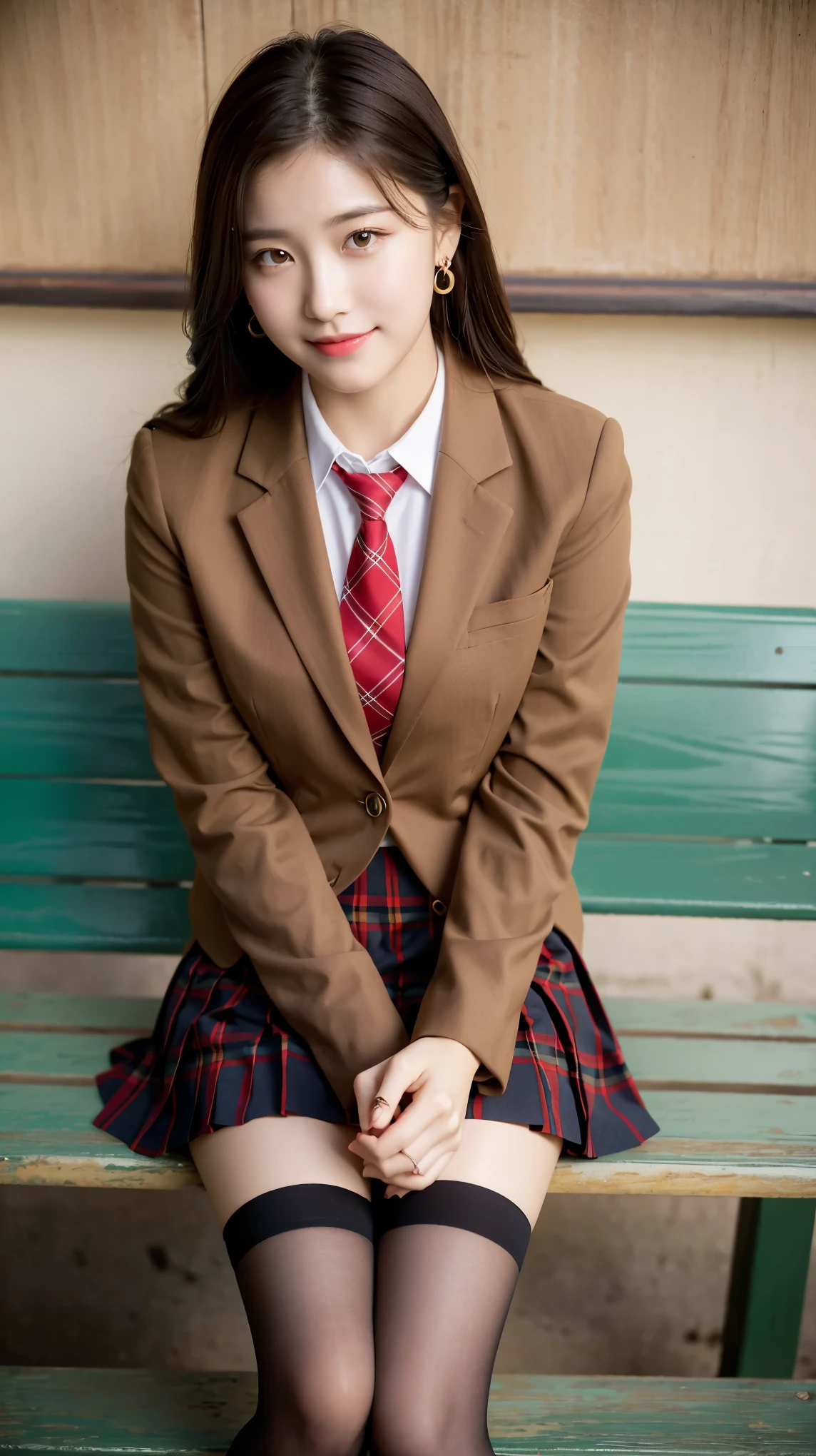 (8K), (highest quality: 1.2), (realistic), (realistic: 1.37), ultra high resolution, 1 girl, cute, smile, closed mouth, beautiful details, beautiful nose, wet hair, red lip,small earrings,giant dulcefo, pork, thighs，self snap,University Student Uniform,sunny day,I can see the sea,sit on a bench,cross your legs,Look down,From above,(Simple light brown blazer 1),(dark brown pleated skirt),(dark red bow tie),(The pattern of the skirt and tie is a tartan check pattern...:1.3),濡れたthighs,knee high tights,(thighsにクローズアップ1)