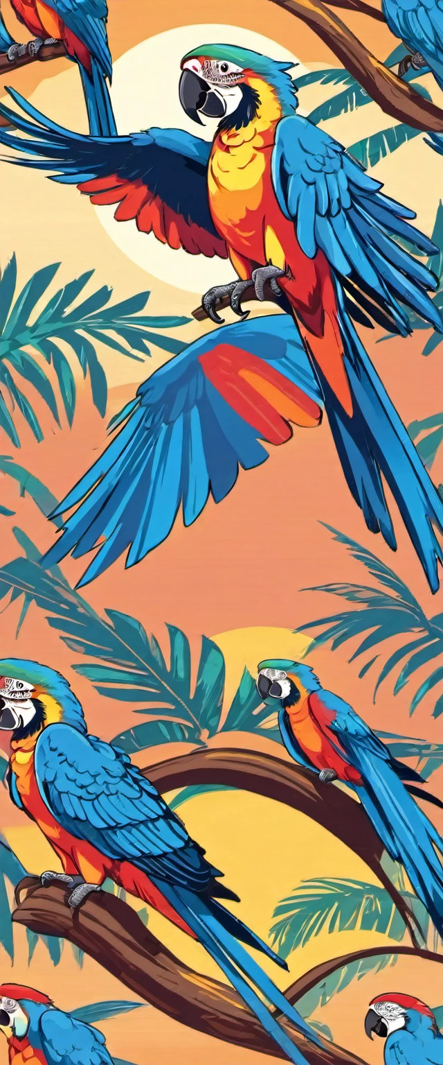 blue macaw flying solo as if it were in the direction of the viewer with wings open with vector style using a maximum of 6 colors flying in the sunset