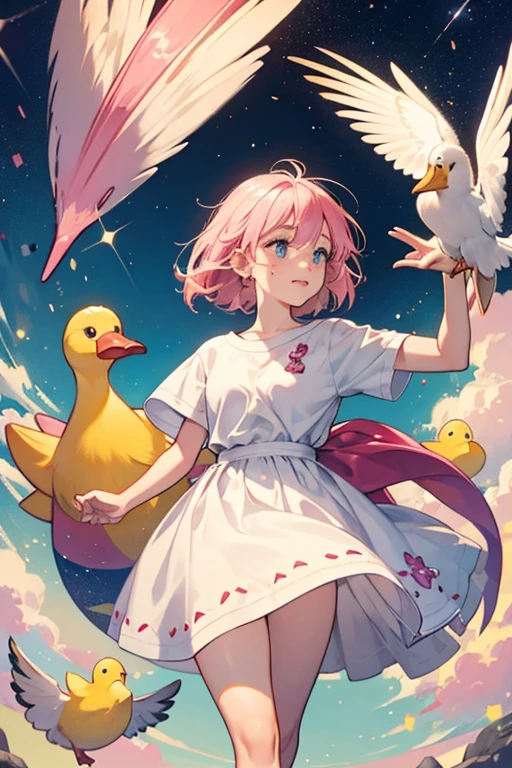 Freckles is a pink duck with a brown tuft of hair. She has five freckles in the middle of her face, and her eyes are off to the side. Her bill and feet are yellow, and the tips of her feathers are white. Freckles wears the Bright Tee. SPARKLE; GLITTER