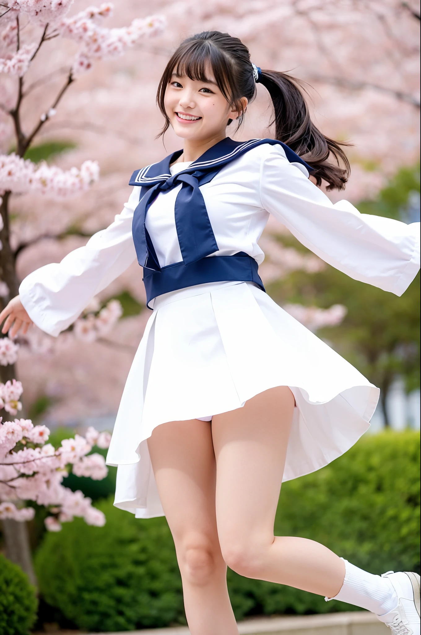 girl jumping in windy cherry blossom school yard,long-sleeved white sailor frilled long dress with flare skirt fluttering,white thong,white socks,18-year-old,bangs,a little smile,thighs,knees,low ponytail,hair blowing in wind,barrette,from below,front light