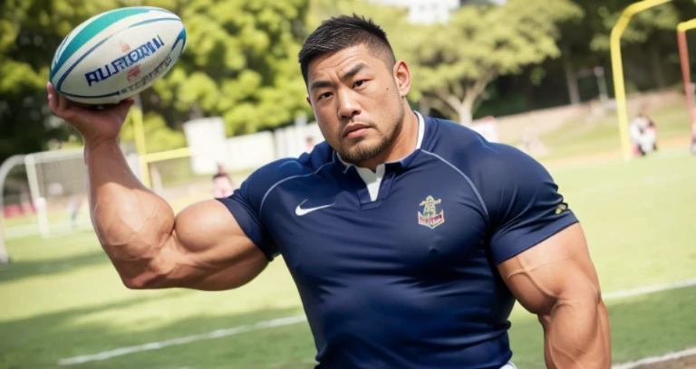 (rugby uniform:1.4), (at playground:1.4), Japanese man, Chinese man, Korean man, Taiwanese man, manly face, fat face, (round face:1.4), (monolid eyes:1.2), (buzz cut:1.4), very large and strong body, bulky body, beefy muscles, (bulging muscles:1.4), (very large pectoral muscles:1.4), (muscular arms:1.4), muscular abs, muscular legs, muscular back, brightens oily skin, master piece, (realistic:1.4), panorama, distant view