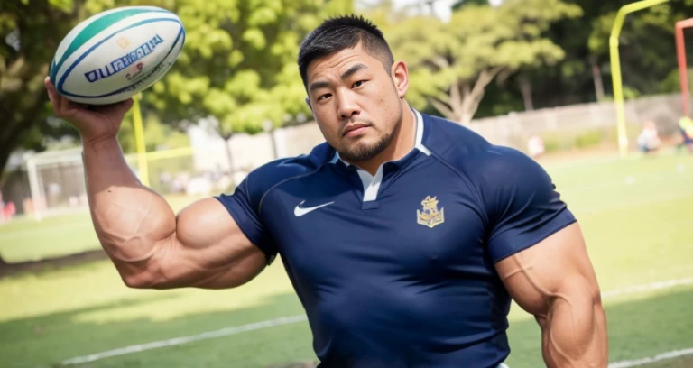 (rugby uniform:1.4), (at playground:1.4), Japanese man, Chinese man, Korean man, Taiwanese man, manly face, fat face, (round face:1.4), (monolid eyes:1.2), (buzz cut:1.4), very large and strong body, bulky body, beefy muscles, (bulging muscles:1.4), (very large pectoral muscles:1.4), (muscular arms:1.4), muscular abs, muscular legs, muscular back, brightens oily skin, master piece, (realistic:1.4), panorama, distant view