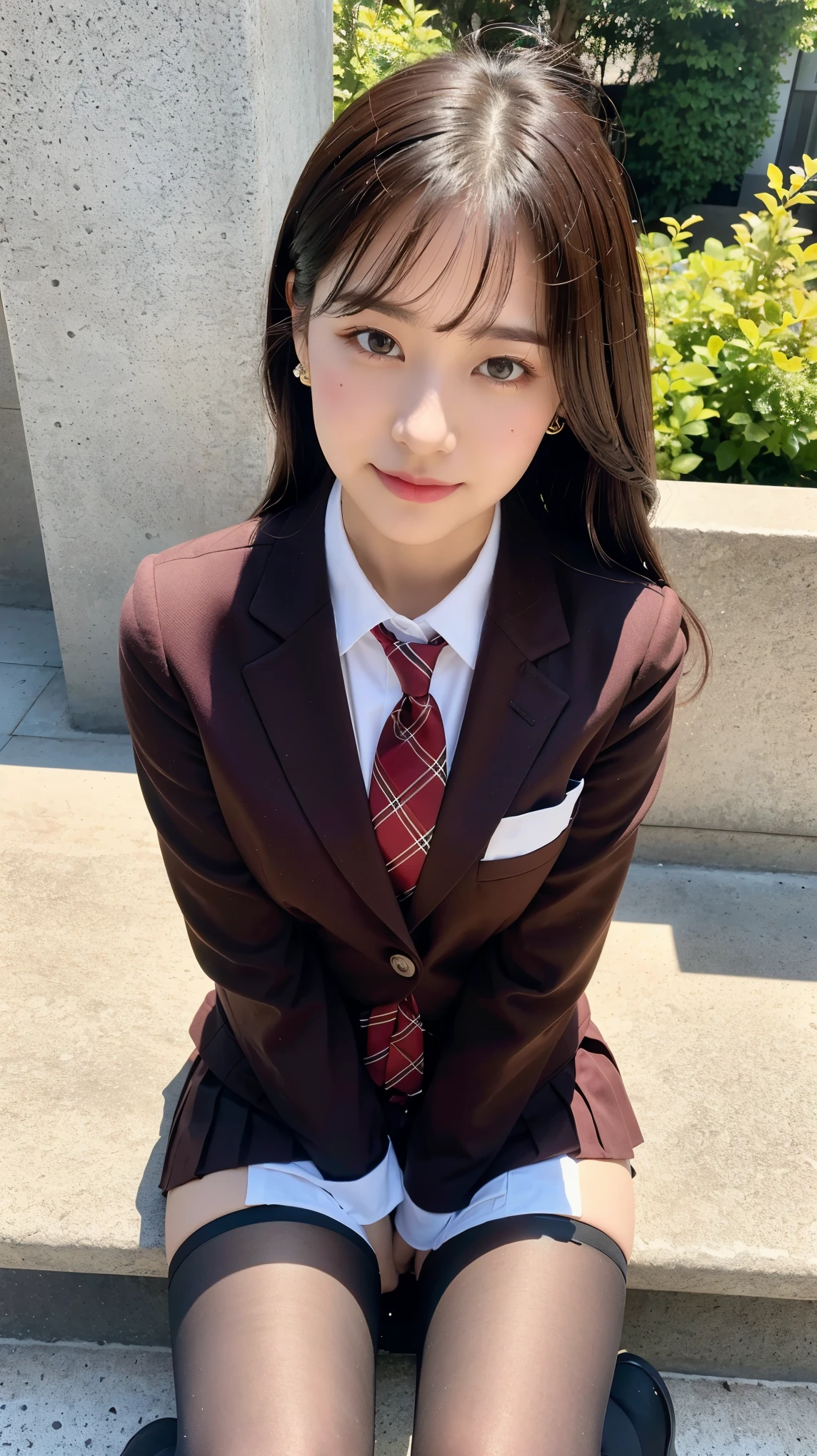(1 cute Korean star with royal sister style), ((Best quality, 8K, 巨作: 1.3)), focal point: 1.2, Perfect body proportions: 1.4, (Make a smile), (Ray traching),Watery eyes, Highly Detailed Face and Skin Textur, Fine eyes, Double eyelids, Whitens the skin, (long whitr hair, Air bangs: 1.3), (face round: 1.5), (College uniforms: 1.4), (JK style:1.4),(on the rooftop,The wind blows),(white stockings)