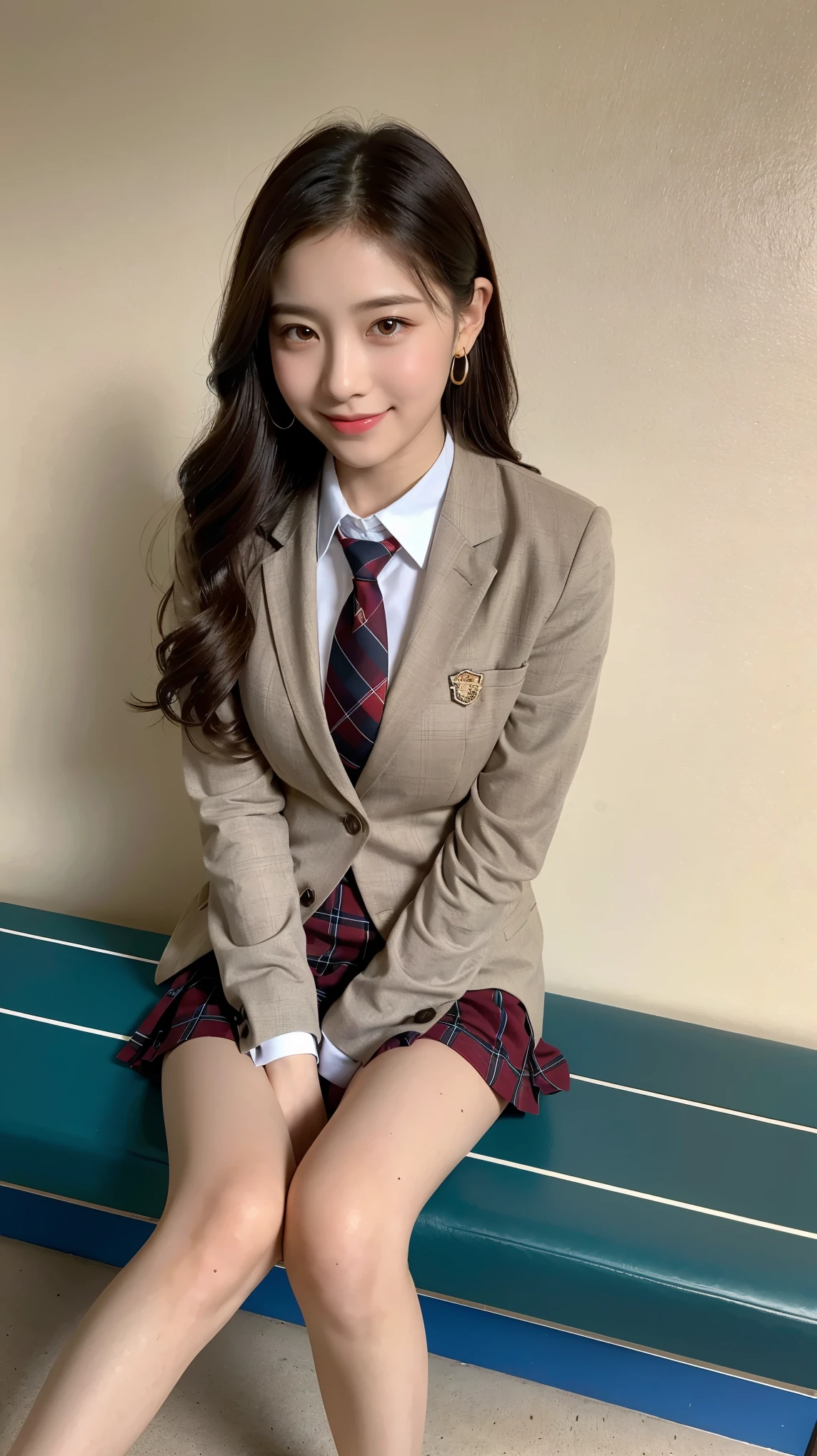 (8K), (highest quality: 1.2), (realistic), (realistic: 1.37), ultra high resolution, 1 girl, cute, smile, closed mouth, beautiful details, beautiful nose, wet hair, red lip,small earrings,giant dulcefo, pork, thighs,self snap,University Student Uniform,sunny day,I can see the sea,sit on a bench,cross your legs,Look down,From above,(Simple light brown blazer 1),(dark brown pleated skirt),(dark red bow tie),(The pattern of the skirt and tie is a tartan check pattern...:1.3),濡れたthighs,knee high tights,(thighsにクローズアップ1)