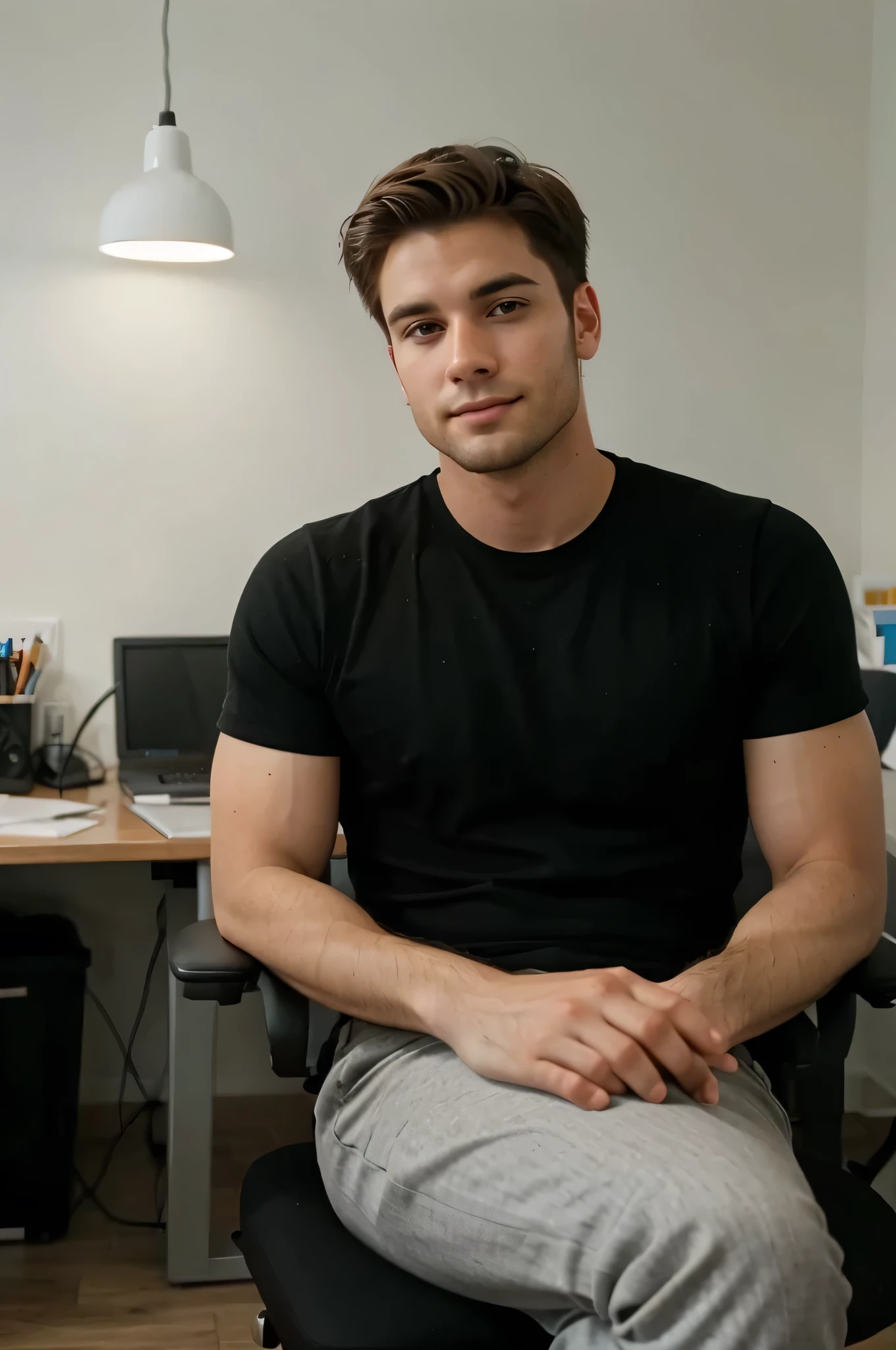 A realistic photo of a 26-year-old American man, sitting respectfully and elegantly in an office chair, looking directly at the camera without smiling,