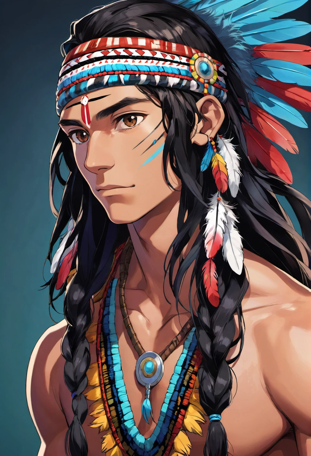 (best quality,4k,highres:1.2),ultra-detailed,realistic, (young man),(athletic body), (black hair), (tanned skin), (young indigenous man), (colorful indigenous clothing), (long hair with braid), (hair decorated with feathers), (black eyes), sharp focus, vibrant colors, portraits, studio lighting