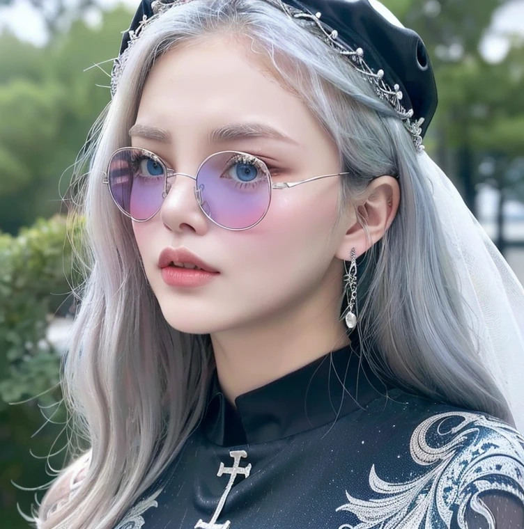 1 miniature Beautiful beautiful woman - Yuan Sayuki, ((top quality, 8K, Masterpiece:1.retty woman, 1 woman, huge breasts:1.3, a slim body:1.1, lush white long hair, (shower, wet body, wet clothes:1.1), very detailed face, detailed lips, detailed eyes, double eyelids, Detailed blue eyes, чрезвычайно Detailed Outstanding Blue Eyes, white wet hair, white wet hair, Detailed Outstanding Blue Eyes, innocent look at the viewer, very wet wavy white hair, Detailed Outstanding Blue Eyes, huge cross earrings, Outdoors, badges behind, gothic wedding uniform, sexy gothic style wedding dress with veil, bare chest, huge chest tattoo wearing a wreath, detailed huge earrings, chest tattoo, Outside - there are trees and a buddhist temple in the background, wear a silver cross (Detailed cross shape), reality mode, wet breasts, black necklace, black wedding dress and black veil, human crowd behind, head/forehead chain veil, black latex gloves, naked breasts, naked breasrs, naked nipples, hair of white snowy colour, accurately detailed RED TAINTED GLASSES