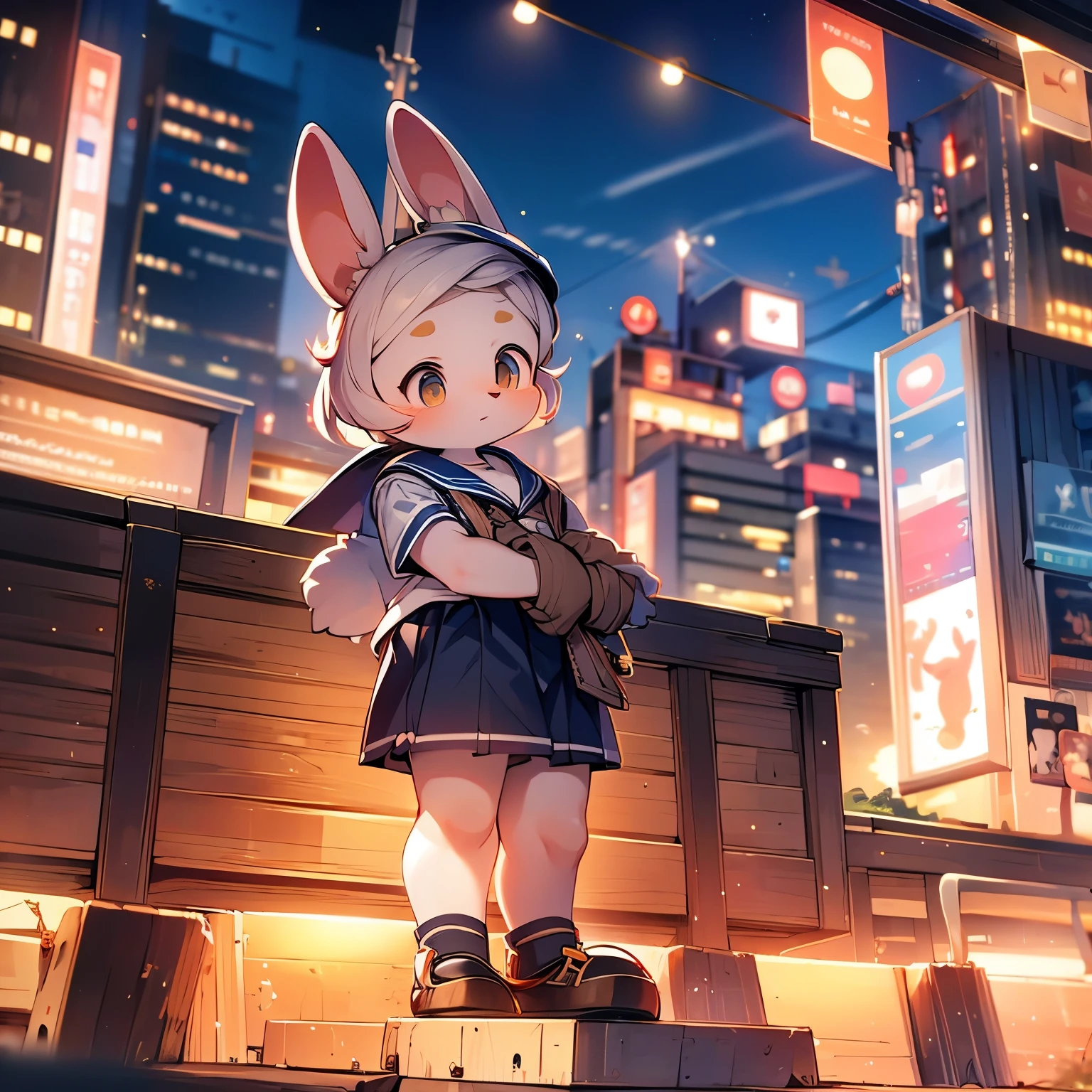 Bright day outside，Bunny Girl，bunny ears，female focus，Furry women，short stature，Characteristics of a three-year-old girl，Sailor suit，shorts，Standing posture ，city bright background