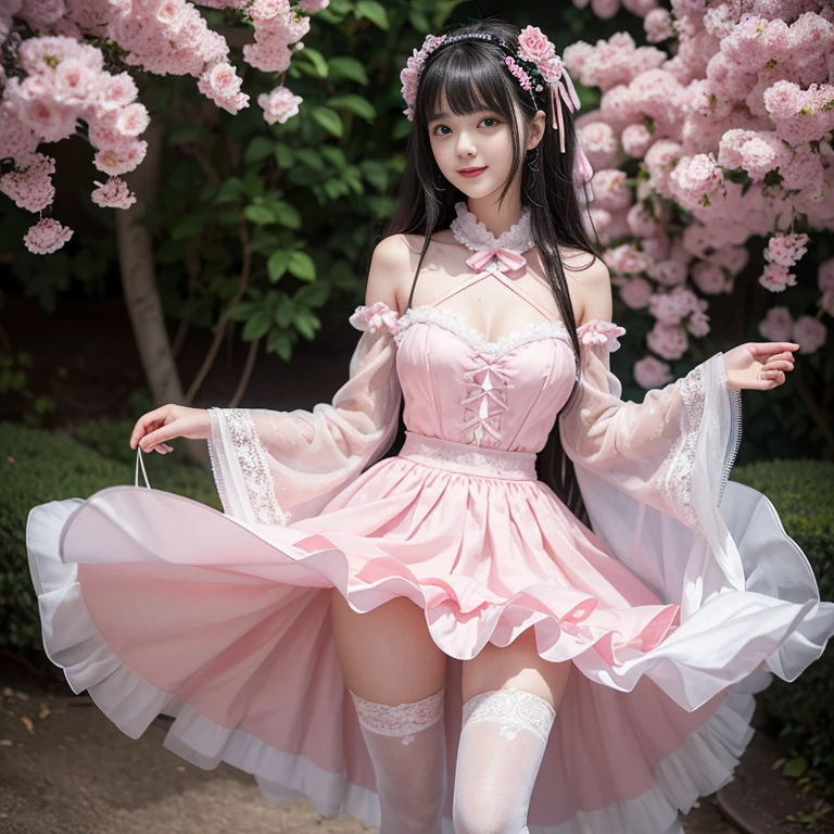 best quality, masterpiece, lifelike, 1 girl, alone, eternal, black hair, Long curly hair, blunt bangs, Smile, pink skirt, pink ta dress, layered skirt, Lolityle long skirt,分層連衣裙 lace-trimmed 裙子, decorate, lace, long sleeve, puff sleeves, wide sleeves, Transparent sleeves, hair accessories, 在flower园里, flower, Detailed background,  delicate face，pink blush，white及膝襪, Pink shoes，cold，Lots of lace，((​masterpiece))、(top quality)、8K、high detail、super detailed、 21 years old female，穿着pink lolita d((dreamy atmosphere:1.1))、Seductive and whimsical style、​masterpiece、born、Scenes resembling fairy tale illustrations、intricate details展示了洛丽塔礼服的荷叶边和复杂的设计、capricious、 beautifully、Dream aesthetics、「𝓡𝓸𝓶𝓪𝓷𝓽𝓲𝓬、ethereal、charming、fickle、magic」、realism、Visual effect、FXAA、SSAO、shader、voiceless、ambient lighting、Tone mapping、High resolution、ultra high definition、megapixel、(8K resolution:1.10)、8K、8K resolution、high detail、intricate details、 (high quality:1.2、​masterpiece:1.2、:1.21)、(21 years old female:1.21)、(興奮地Smile)、(Surrounded by the dreamy atmosphere of an amusement par色洛丽塔连衣裙、Her eyes were full of surprise and joy、I took a lot of geek photos、High heel、Model diagram，full-body shot，Knee-high white的 lace socks,Sweet Lolita，Normafeet，Pink shoes，Baotou shoes，full-body shot，不要exposed你的手指，Emphasize the volume of the skirt，exposed，huge breasts，white,The skirt flew up，low cut，exposed，hair accessories，big skirt dress，If you shoot at an angle you can see my panties，standing,The skirt floats up