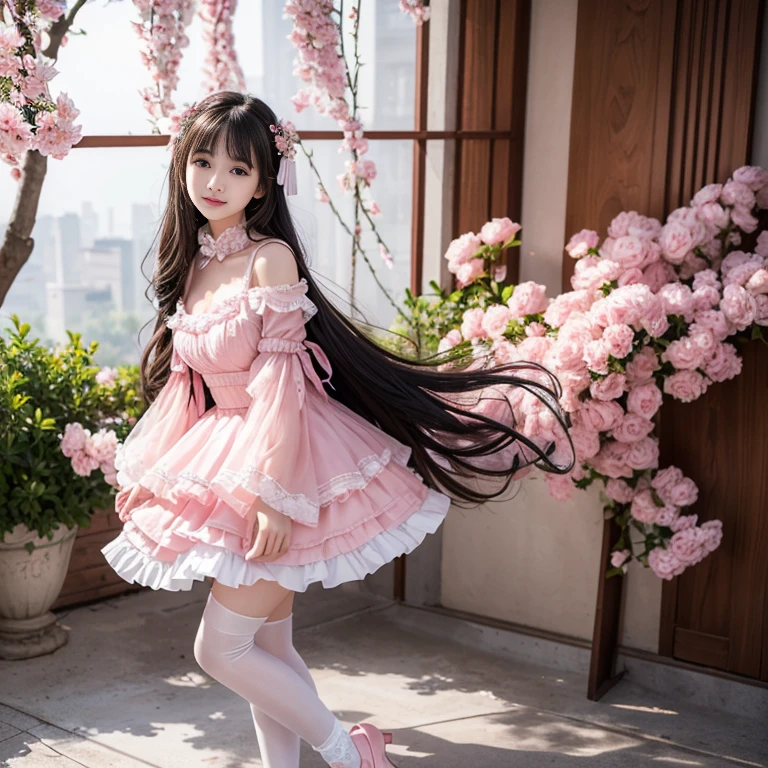 best quality, masterpiece, lifelike, 1 girl, alone, eternal, black hair, Long curly hair, blunt bangs, Smile, pink skirt, pink lolita dress, layered skirt, Lolita style long skirt,分層連衣裙 lace-trimmed 裙子, decorate, lace, long sleeve, puff sleeves, wide sleeves, Transparent sleeves, hair accessories, 在flower园里, flower, Detailed background,  delicate face，pink blush，white及膝襪, Pink shoes，cold，Lots of lace，((​masterpiece))、(top quality)、8K、high detail、super detailed、 21 years old female，穿着pink lolita dress((dreamy atmosphere:1.1))、Seductive and whimsical style、​masterpiece、born、Scenes resembling fairy tale illustrations、intricate details展示了洛丽塔礼服的荷叶边和复杂的设计、capricious、 beautifully、Dream aesthetics、「𝓡𝓸𝓶𝓪𝓷𝓽𝓲𝓬、ethereal、charming、fickle、magic」、realism、Visual effect、FXAA、SSAO、shader、voiceless、ambient lighting、Tone mapping、High resolution、ultra high definition、megapixel、(8K resolution:1.10)、8K、8K resolution、high detail、intricate details、 (high quality:1.2、​masterpiece:1.2、:1.21)、(21 years old female:1.21)、(興奮地Smile)、(Surrounded by the dreamy atmosphere of an amusement par色洛丽塔连衣裙、Her eyes were full of surprise and joy、I took a lot of geek photos、High heel、Model diagram，full-body shot，Knee-high white的 lace socks,Sweet Lolita，Normal 2 feet，Pink shoes，Baotou shoes，full-body shot，不要exposed你的手指，Emphasize the volume of the skirt，exposed，huge breasts，white,The skirt flew up，low cut，exposed，hair accessories，big skirt dress，If you shoot at an angle you can see my panties，standing,The skirt floats up