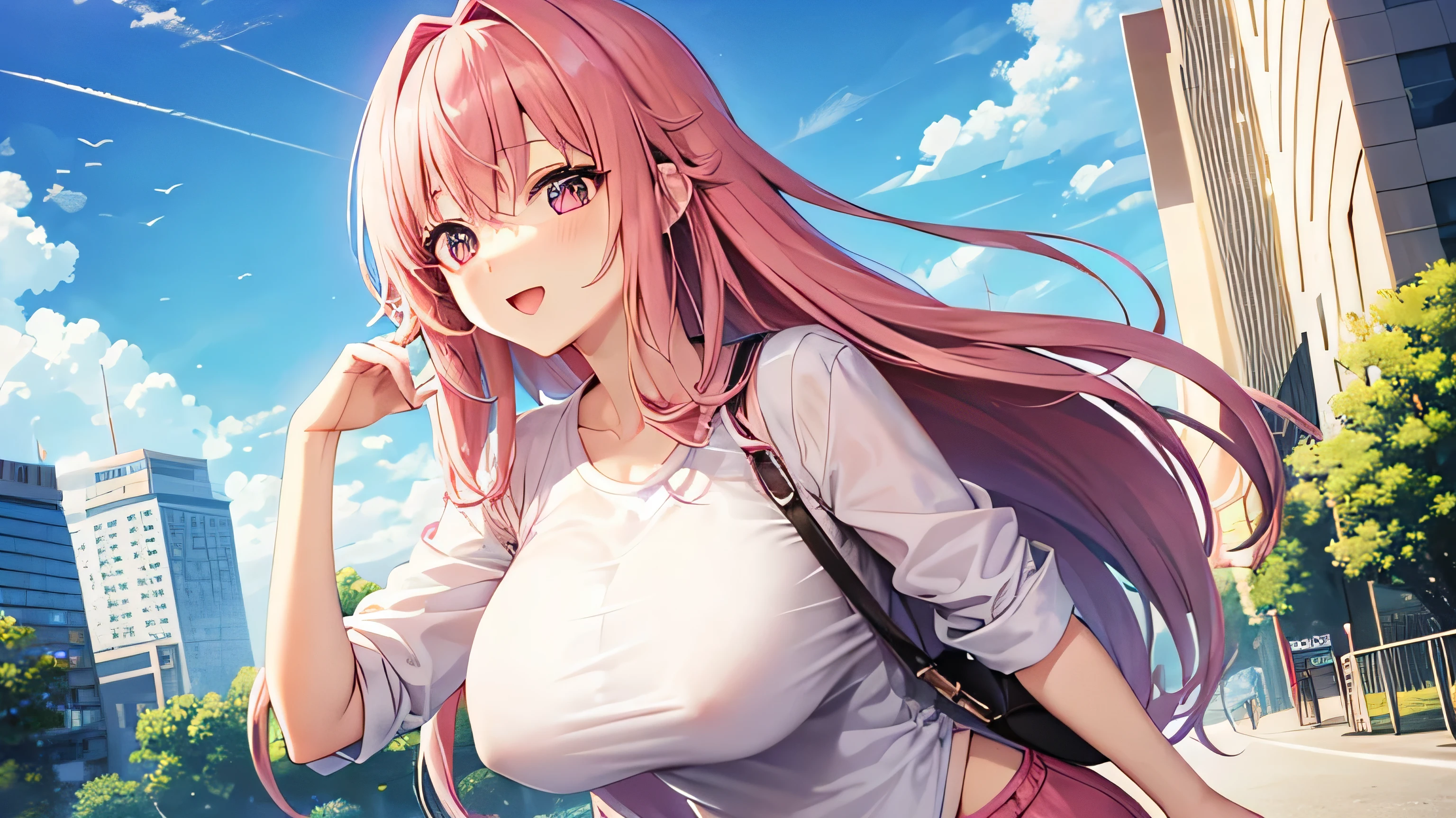 anime、pink hair、big breasts、valley、white shirt、pink shorts、city road、one person