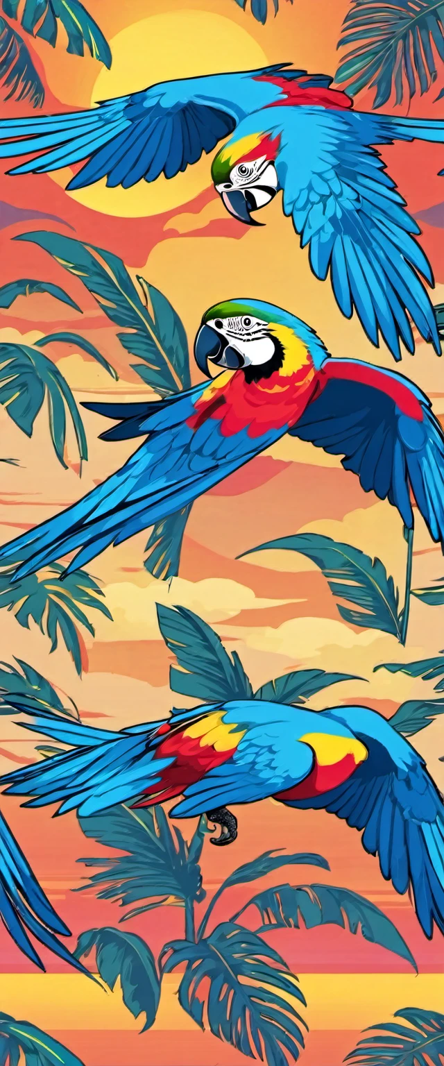 blue macaw flying solo as if it were in the direction of the viewer with wings open with vector style using a maximum of 6 colors flying in the sunset