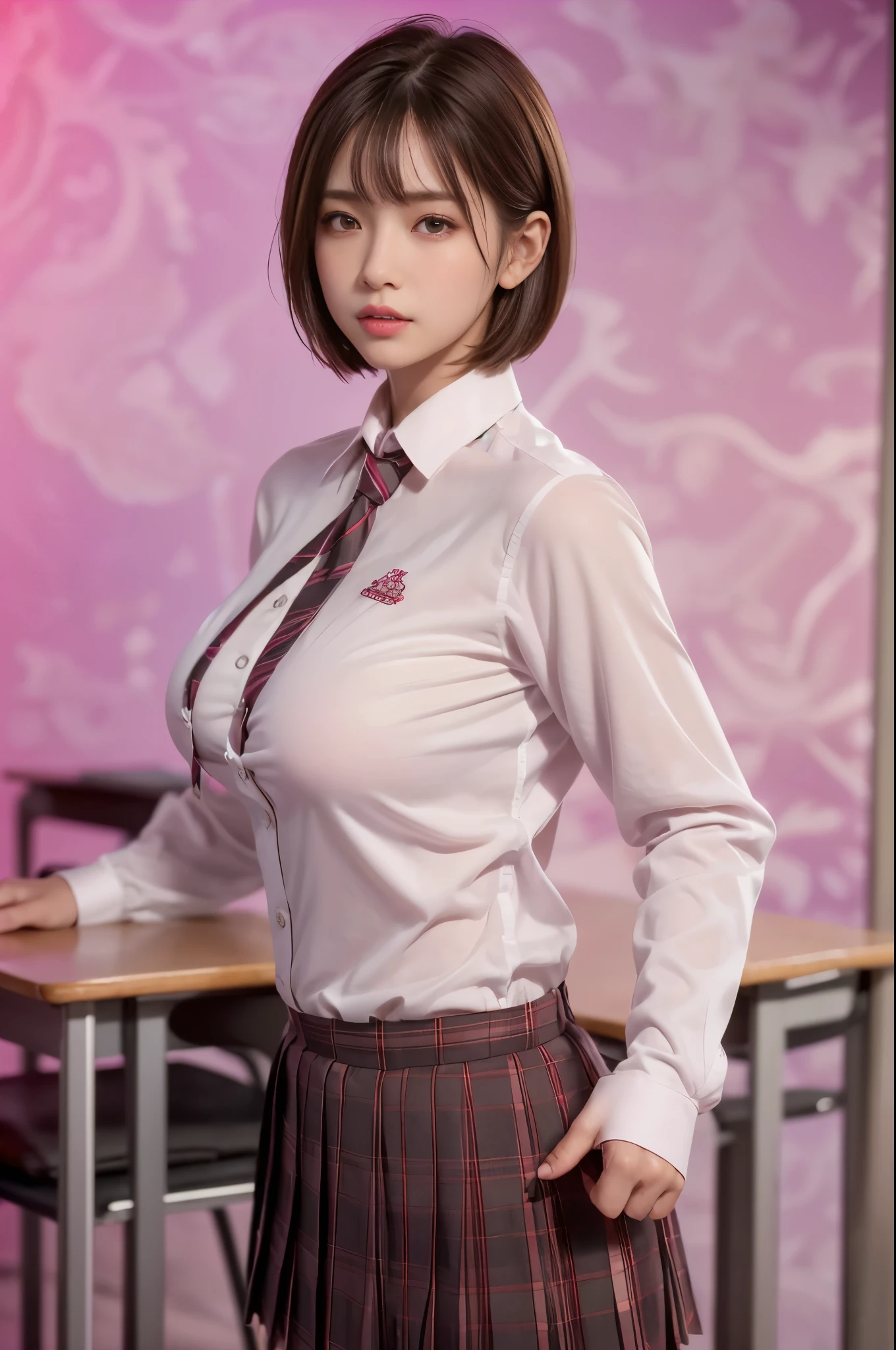 (1 girl:1.3), full body shot, 17 year old supermodel, Chubby body type, plump, bloated belly, high school girl, (from side), (highest quality:1.4), 32K resolution, (realistic:1.5), (ultra realistic:1.5), High resolution 32k UHD, (masterpiece:1.2)), (Improvement of quality:1.4), (very beautiful facial details), (highest quality realistic skin:1.4), (perfect anatomy:1.2), ((Are standing:1.37)), (((school uniform, patterned ribbon tie, pink collared long sleeve shirt:1.15))), red plaid pleated skirt, I'm carrying a backpack on my back, ((In the classroom:1.15)), precise fingers, Super detailed, symmetrical eyes, view audience,natural makeup, ((A good eye for quality:1.2)), (tired, sleepy and satisfied:0.0), (fine lips:1.33), (fine nose:1.2), ((Physically based rendering of the background:1.37)), (Plump:1.2, large breasts), (heavy chest:1.1, Plump lower body), brown hair, (short cut hair:1.37), Anxious face, Gentle light hits your face and body, epic and emotional movie lighting
