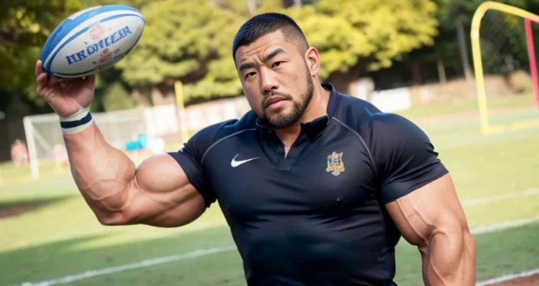 (rugby uniform:1.4), (at playground:1.4), Japanese man, Chinese man, Korean man, Taiwanese man, manly face, fat face, (round face:1.4), (monolid eyes:1.2), (buzz cut:1.4), very large and strong body, bulky body, beefy muscles, (bulging muscles:1.4), (very large pectoral muscles:1.4), (muscular arms:1.4), muscular abs, muscular legs, muscular back, brightens oily skin, master piece, (realistic:1.4), panorama, distant view