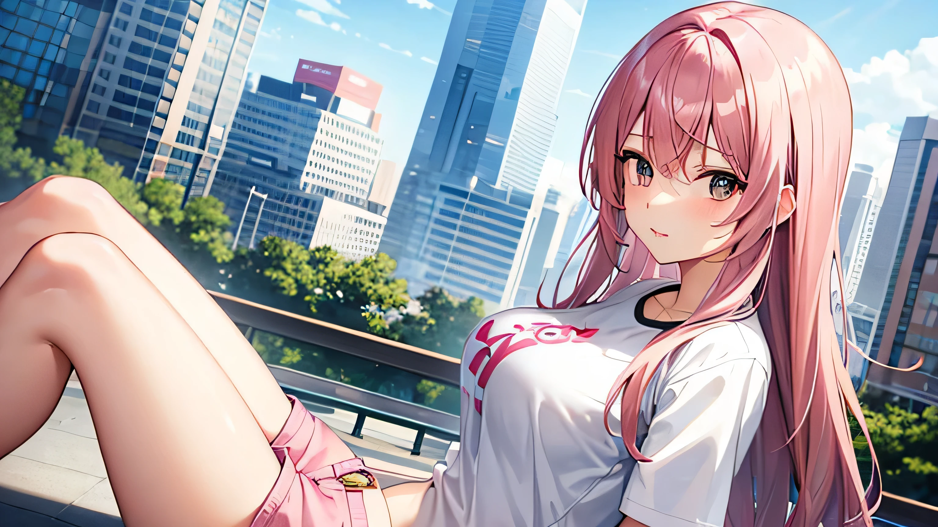 anime、pink hair、big breasts、valley、white shirt、pink shorts、city road、one person