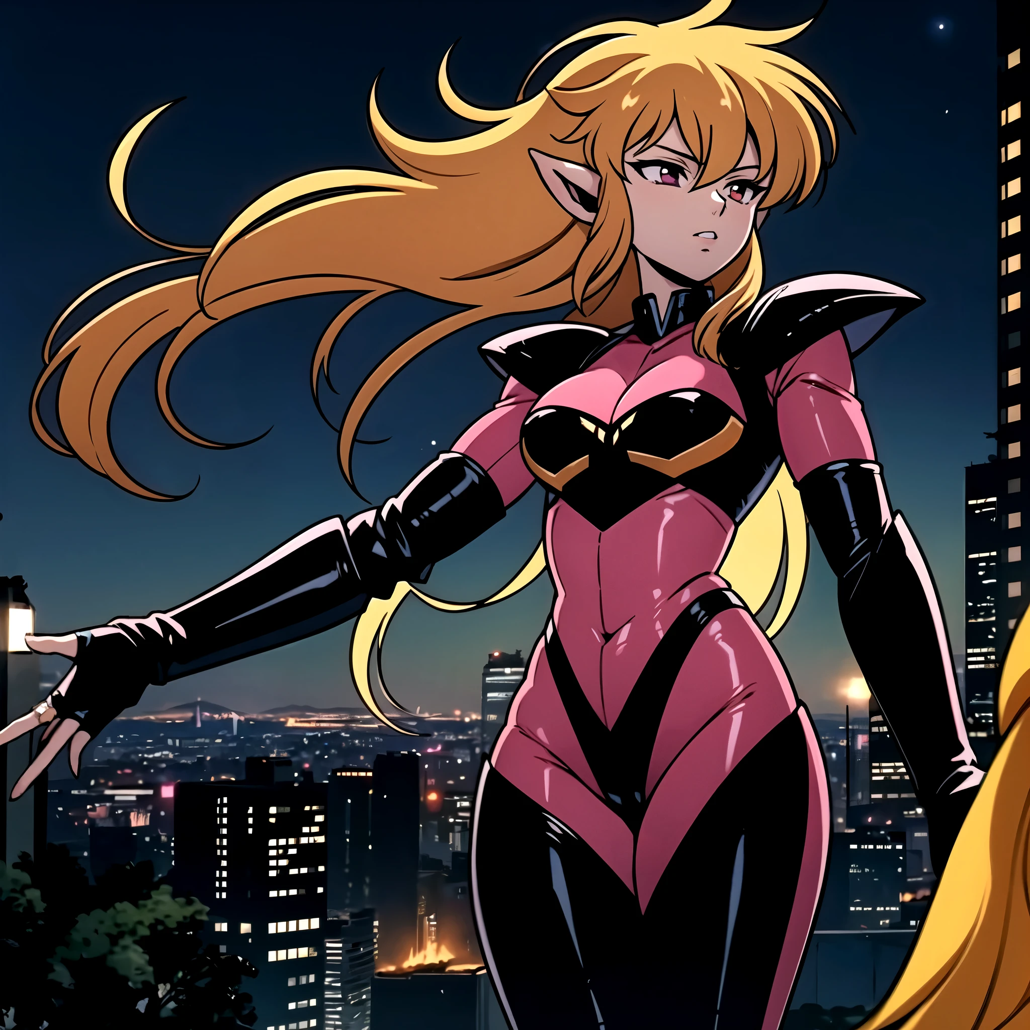 1gilr ,solo,iczer1,yellow long hair,ringlets,pointy ears,red eyes,pink body suit,black armor,black gauntlets,flying,city,night time,depth of field,ultra-detailed,sharp focus,aesthetic,(best quality)