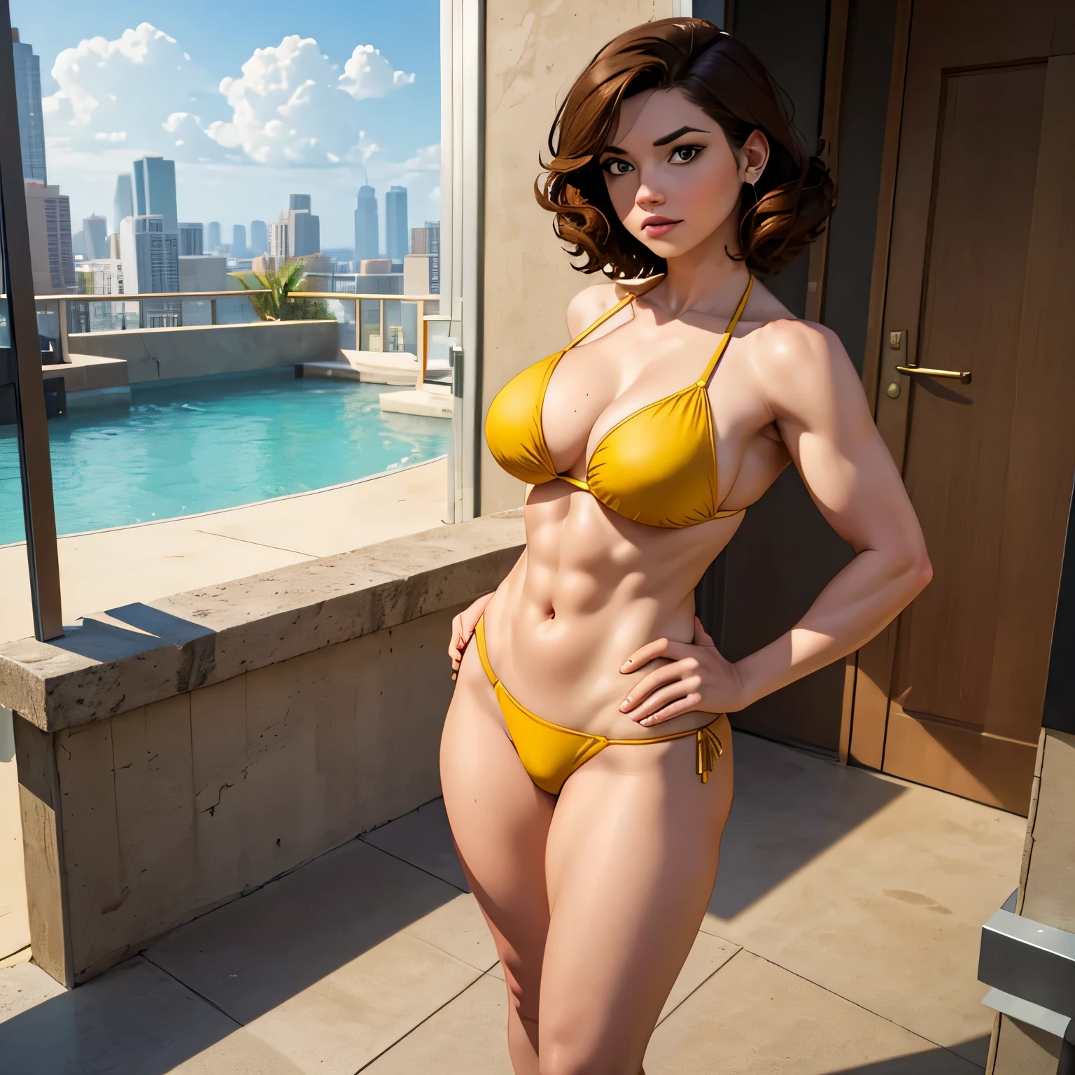 a woman in a yellow bikini, best quality, standing looking at viewer, wavy hair, brown hair, short hair, penthouse, high legs, muscular, female, solo,
