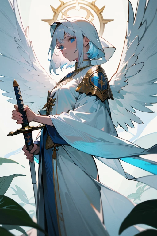 (best quality, 4k, highres, masterpiece:1.2),angel,holy warrior,female,tall,wearing a white robe adorned with embroidered plant leaves,white hair,blue eyes,serene expression,holding a long sword in her hand,with a pair of translucent wings on her back,wearing a holy emblem on her chest,divine and ethereal