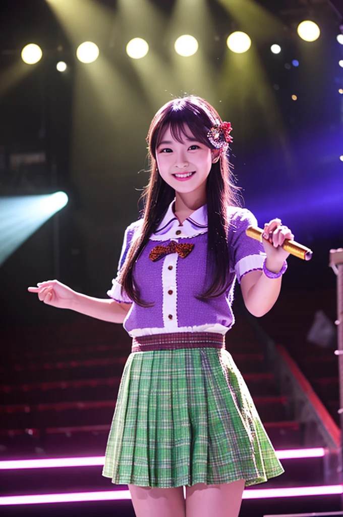 Realistic, Photorealistic, Masterpiece, Best Quality, One Girl, Solo, In the Stage, Stage Lighting, Stage Spotlight, Look At Audience, Smile, idol_singing_costume, (pureerosface_v1:0.8),Korean Idol,Nogizaka Idol,Actress,Gravure Idol