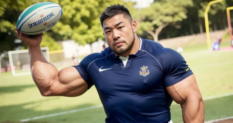 (rugby uniform:1.4), (at playground:1.4), Japanese man, Chinese man, Korean man, Taiwanese man, manly face, fat face, (round face:1.4), (monolid eyes:1.2), (buzz cut:1.4), very large and strong body, bulky body, beefy muscles, (bulging muscles:1.4), (very large pectoral muscles:1.4), (muscular arms:1.4), muscular abs, muscular legs, muscular back, brightens oily skin, master piece, (realistic:1.4), panorama, distant view