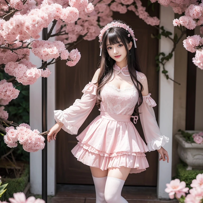 best quality, masterpiece, lifelike, 1 girl, alone, eternal, black hair, Long curly hair, blunt bangs, Smile, pink skirt, pink lolita dress, layered skirt, Lolita style long skirt,分層連衣裙 lace-trimmed 裙子, decorate, lace, long sleeve, puff sleeves, wide sleeves, Transparent sleeves, hair accessories, 在flower园里, flower, Detailed background, delicate face,pink blush,white及膝襪, Pink shoes,cold,Lots of lace,((masterpiece))、(top quality)、8K、high detail、super detailed、 21 years old female,穿着pink lolita dress((dreamy atmosphere:1.1))、Seductive and whimsical style、masterpiece、born、Scenes resembling fairy tale illustrations、intricate details展示了洛丽塔礼服的荷叶边和复杂的设计、capricious、 beautifully、Dream aesthetics、「𝓡𝓸𝓶𝓪𝓷𝓽𝓲𝓬、ethereal、charming、fickle、magic」、realism、Visual effect、FXAA、SSAO、shader、voiceless、ambient lighting、Tone mapping、High resolution、ultra high definition、megapixel、(8K resolution:1.10)、8K、8K resolution、high detail、intricate details、 (high quality:1.2、masterpiece:1.2、:1.21)、(21 years old female:1.21)、(興奮地Smile)、(Surrounded by the dreamy atmosphere of an amusement par色洛丽塔连衣裙、Her eyes were full of surprise and joy、I took a lot of geek photos、High heel、Model diagram,full-body shot,Knee-high white的 lace socks,Sweet Lolita,Normal 2 feet,Pink shoes,Baotou shoes,full-body shot,不要exposed你的手指,Emphasize the volume of the skirt,exposed,huge breasts,white,The skirt flew up,low cut,exposed,hair accessories,big skirt dress,If you shoot at an angle you can see my panties,standing,The skirt floats up