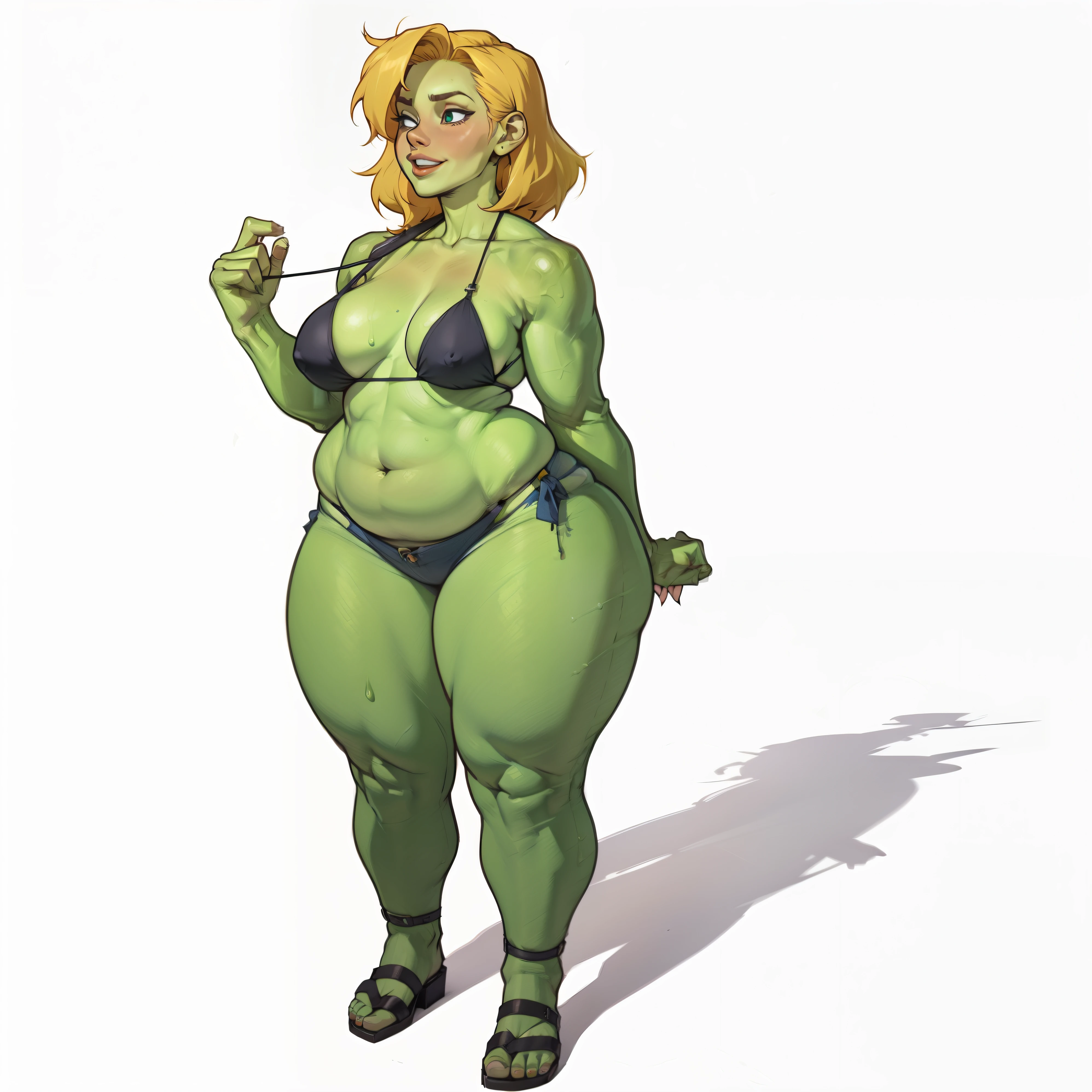 THICK FIGER FAT FIGER FAT CHUBBY BODY,GREEN GOBLIN WOMAN IN BIKINI imagem 8k, HD, fullHD, BLACK BIKINI AND JEANS BLUE HOT PANTS super happy expression, WIDE SMAILE, medium blonde hair