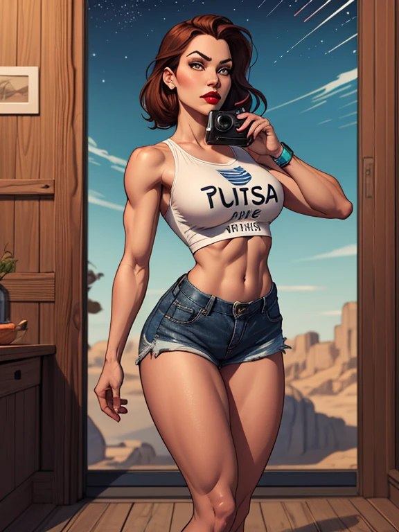 mulher, Pele branca, cabelo preto, cabelo ondulado, cabelo longo, athletic body, shorts azuis refletivos, olhos azuis, shorts with Wonder mulher style stars, short curto, metallic red top, corte baixo, Wonder mulher bib, pulseiras de prata, estrela vermelha tiata dourada, serious look, Olhe para a camera, Red lips, Botas vermelhas, heroic pose, tiro frontal. cartoon digital illustration
