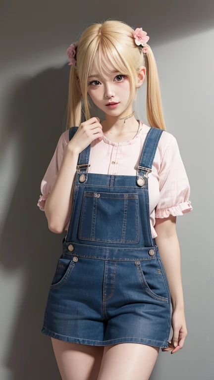 dungarees skirt pink thin flower pattern , big breast , blonde hair , twin tail hair