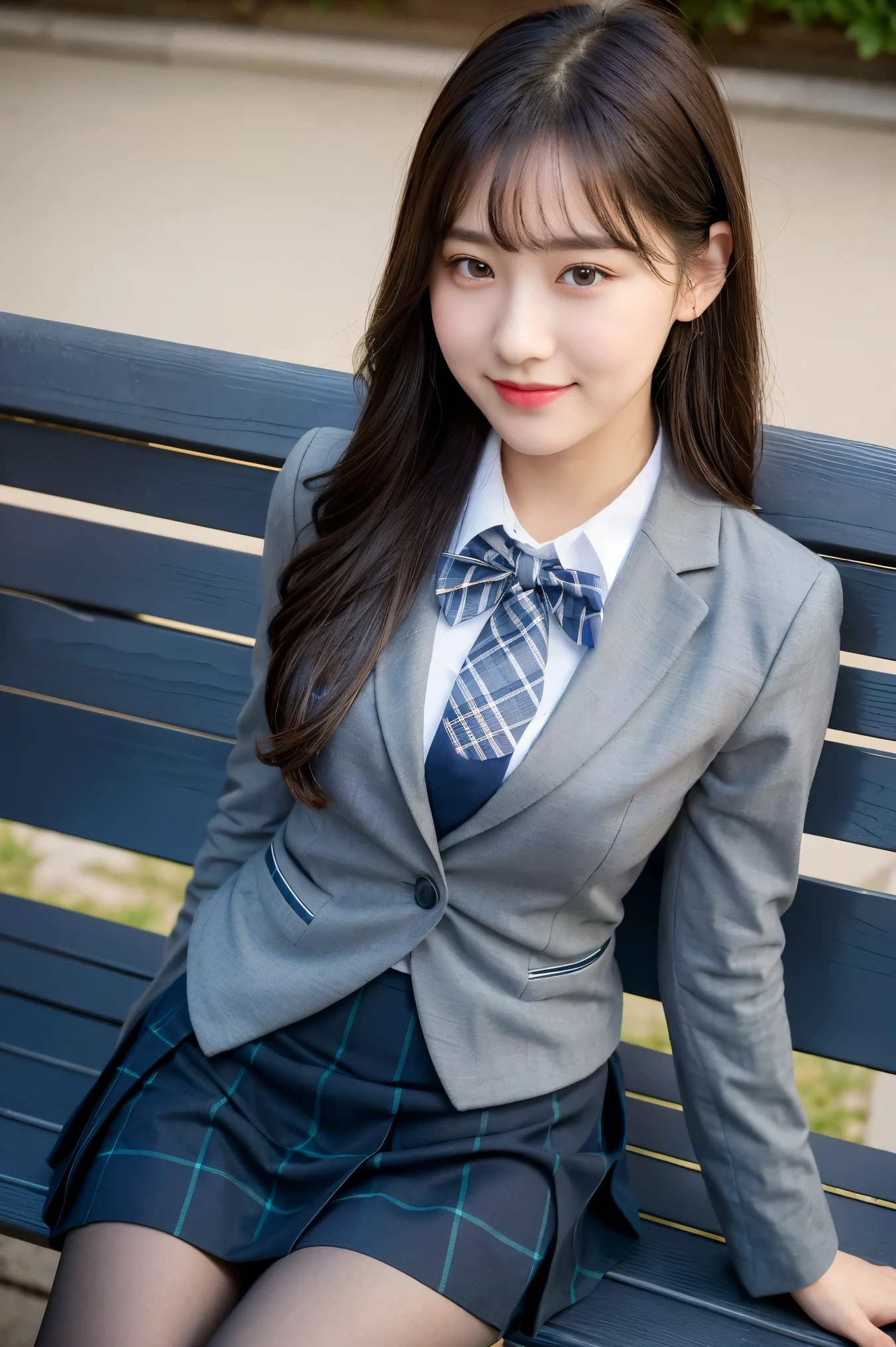 (8K), (highest quality: 1.2), (realistic), (realistic: 1.37), ultra high resolution, 1 girl, cute, smile, closed mouth, beautiful details, beautiful nose, wet hair, red lip,One-point piercing,giant dulcefo, pork, thighs,self snap,University Student Uniform,sunny day,I can see the sea,sit on a bench,cross your legs,Look down,From above,(Simple dark grey blazer 1),(dark gray pleated skirt),(dark blue bow tie),(The pattern of the skirt and tie is a tartan check pattern...:1.3),濡れたthighs,knee high tights,(thighsにクローズアップ1.2)