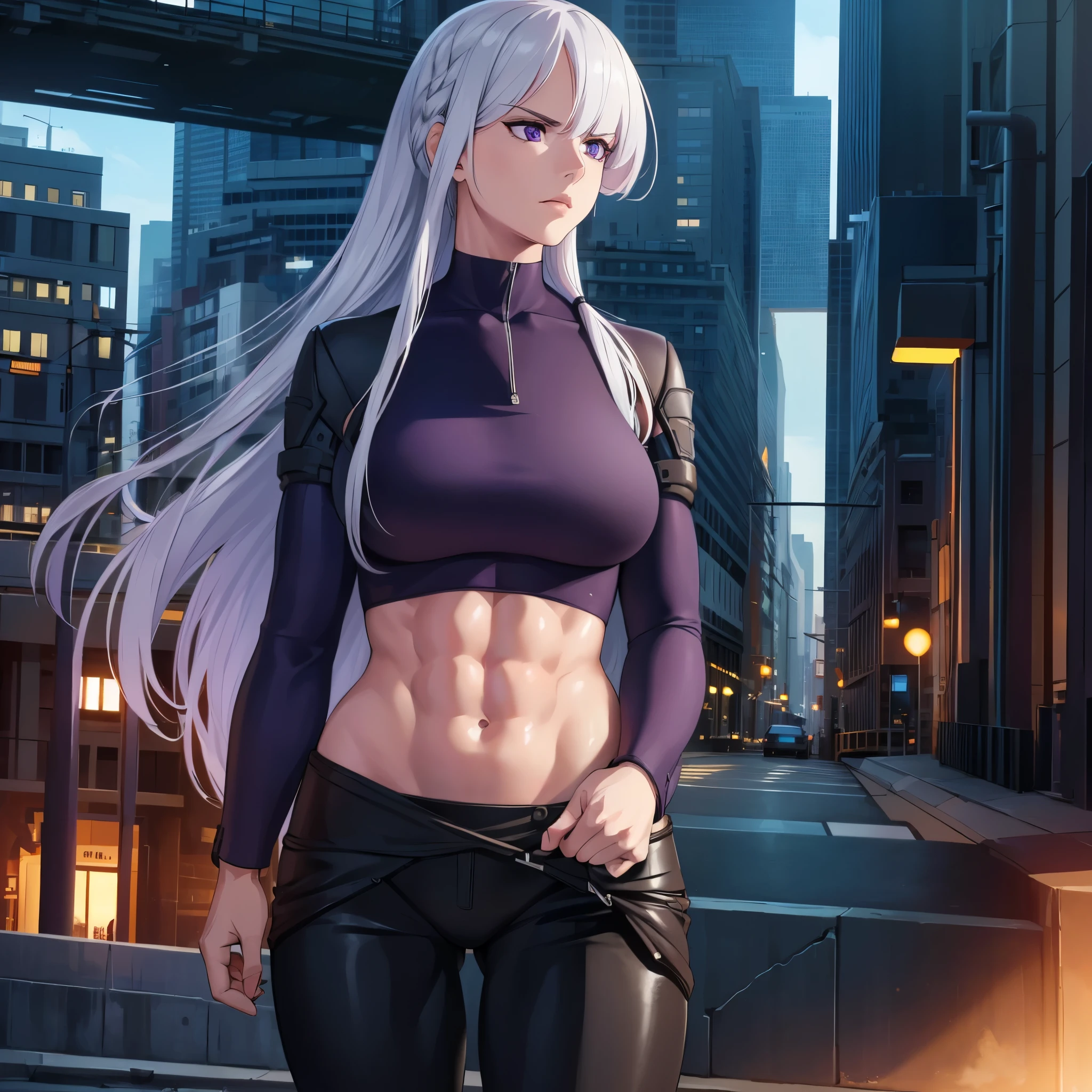 (best quality,4k,8k,highres,masterpiece:1.2),ultra-detailed,(realistic,photorealistic,photo-realistic:1.37),just one woman,a woman wearing a black suit,silver hair,purple eyes,serious face,muscular,in a city in the late afternoon,HDR,very detailed,ultra resolution,hyperalistic.