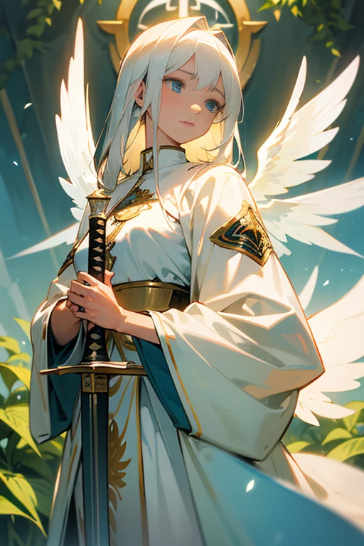 best quality,ultra-detailed,realistic:1.37,angel,holy warrior,female,tall,wearing a white robe embroidered with plant leaves,white hair,blue eyes,silent expression,holding a long sword in hand,with a pair of translucent wings on the back,wearing a holy emblem on the chest,as beautiful as a heavenly being,medium:painting,impressive scenery,pure and vibrant colors,soft and warm lighting,touch of serenity,peaceful atmosphere,hint of divine presence
