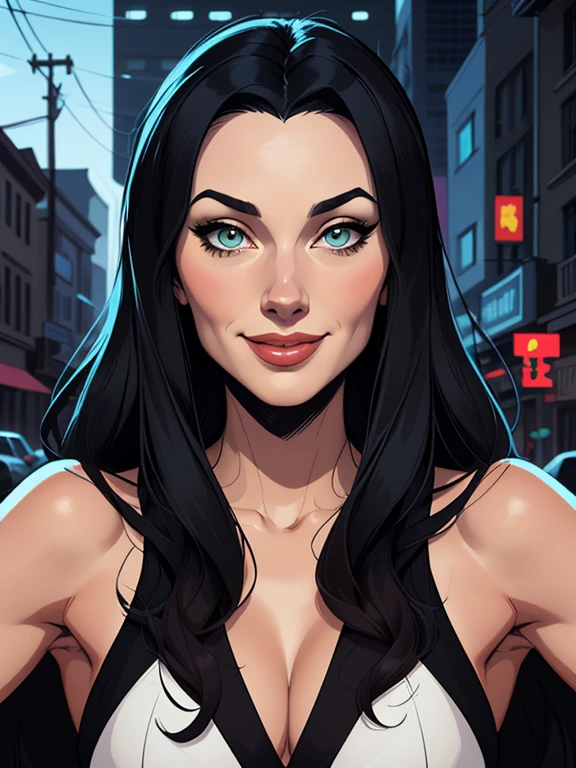 mulher estilo Morticia Addamsbusto lindo sorriso sedutor e olhar sexual desenho animado de uma mulher .cartoon style illustration, estilo de arte dos desenhos animados, estilo de arte dos desenhos animados, digital illustration style, design de personagens altamente detalhado, arte digital detalhada fofa, City fan art, Design de personagens de retrato, beautiful digital illustration, retrato de alta qualidade, Arte em quadrinhos,