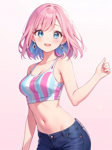 high-resolution 8k wallpaper of a charming 16-year-old girl with short, striped pink hair. She's wearing an attractive black crop-top and short short jeans, standing confidently in a cute pose with a beautiful smile, sparkling blue eyes, and bright pink lipstick. The illustration should feature a bright and cheerful expression, playful vibe, and exquisite detailing of facial features, including delicate earrings and perfectly styled hair. The backdrop should be suitable with vibrant colors, showcasing a photorealistic style with ultra-detailed, vivid, and vibrant colors, highlighting her flawless complexion and clear, smooth skin