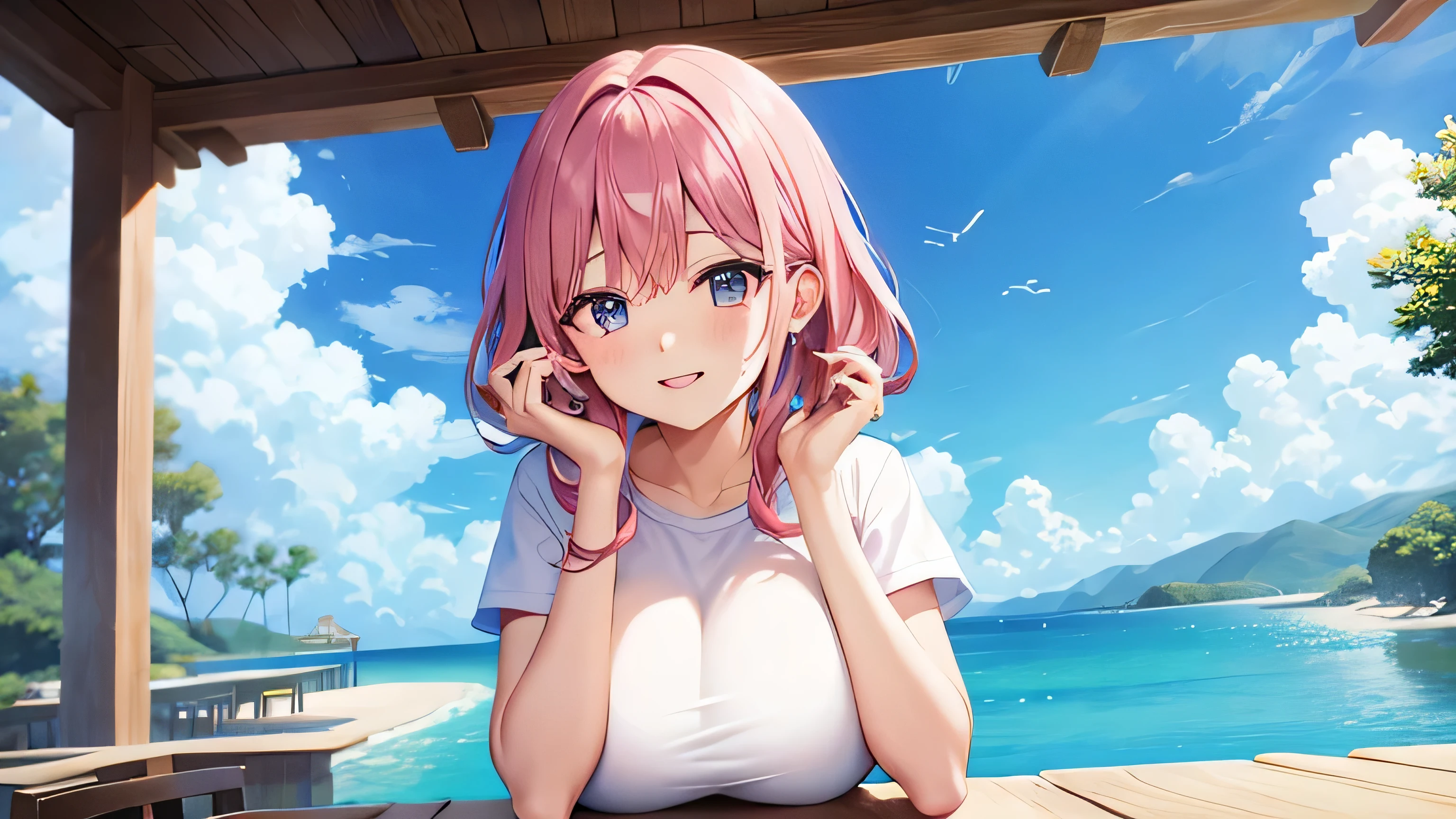 anime、pink hair、big breasts、valley、white shirt、pink shorts、Cafe、one person