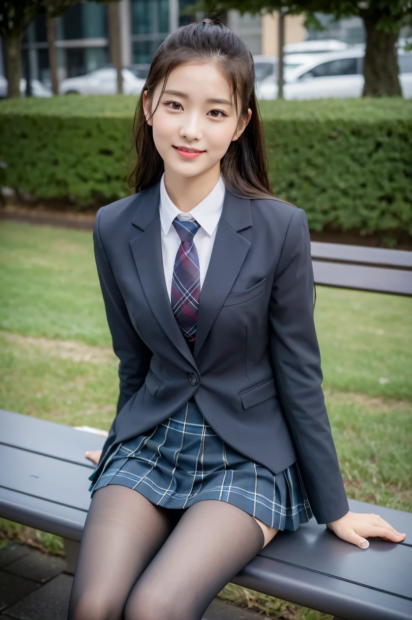 (8K), (highest quality: 1.2), (realistic), (realistic: 1.37), ultra high resolution, 1 girl, cute, smile, closed mouth, beautiful details, beautiful nose, wet hair, red lip,One-point piercing,giant dulcefo, pork, thighs,self snap,University Student Uniform,sunny day,I can see the sea,sit on a bench,cross your legs,Look down,From above,(Simple dark grey blazer 1),(dark gray pleated skirt),(dark blue bow tie),(The pattern of the skirt and tie is a tartan check pattern...:1.3),濡れたthighs,knee high tights,(thighsにクローズアップ1.2)