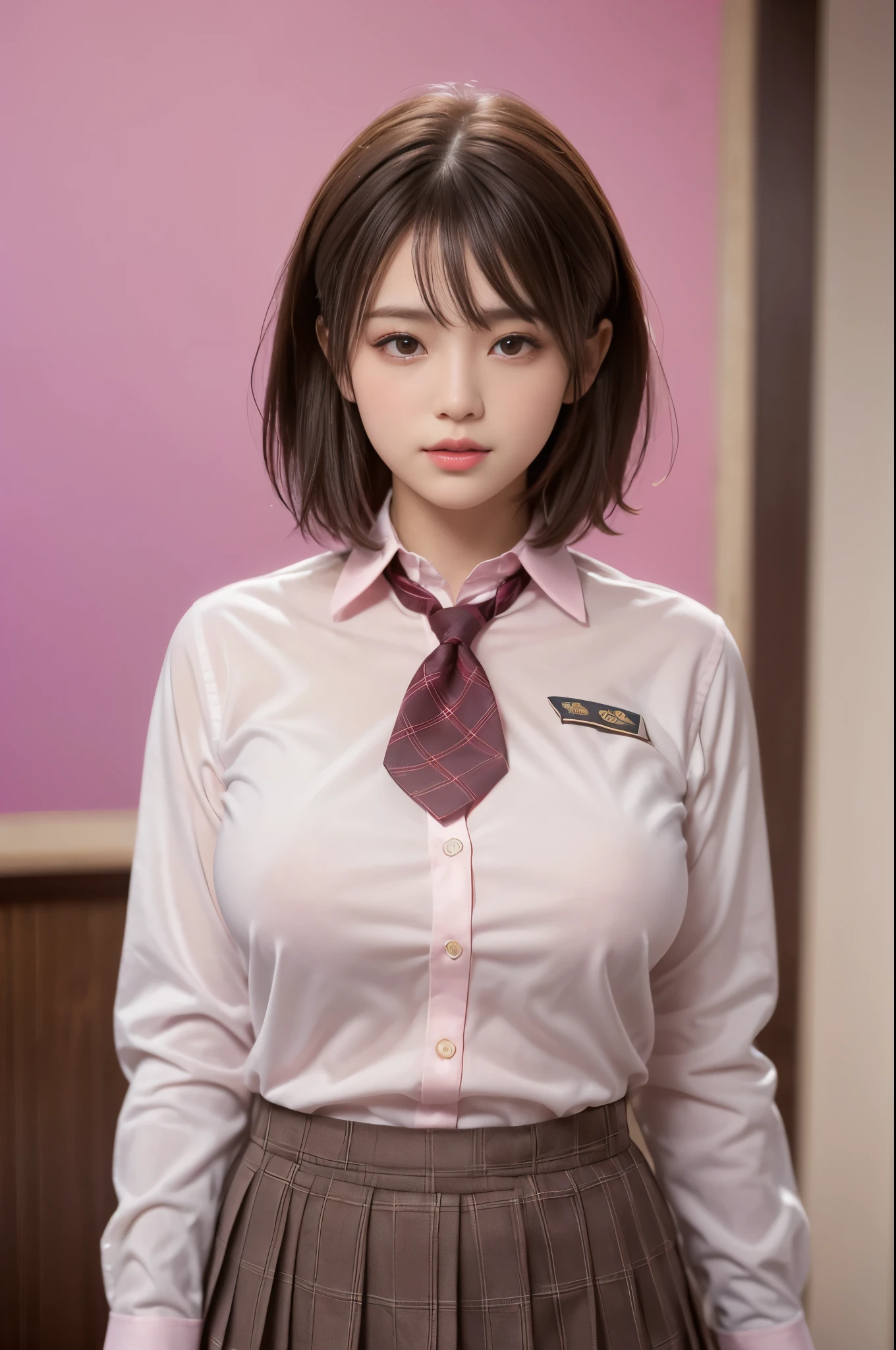 (1 girl:1.3), full body shot,  supermodel, Chubby body type, plump, bloated belly, high school girl, (from side), (highest quality:1.4), 32K resolution, (realistic:1.5), (ultra realistic:1.5), High resolution 32k UHD, (masterpiece:1.2)), (Improvement of quality:1.4), (very beautiful facial details), (highest quality realistic skin:1.4), (perfect anatomy:1.2), ((Are standing:1.37)), (((school uniform, patterned ribbon tie, pink collared long sleeve shirt:1.15))), red plaid pleated skirt, I'm carrying a backpack on my back, ((In the classroom:1.15)), precise fingers, Super detailed, symmetrical eyes, view audience,natural makeup, ((A good eye for quality:1.2)), (tired, sleepy and satisfied:0.0), (fine lips:1.33), (fine nose:1.2), ((Physically based rendering of the background:1.37)), (Plump:1.2, large breasts), (heavy chest:1.1, Plump lower body), brown hair, (short cut hair:1.37), Anxious face, Gentle light hits your face and body, epic and emotional movie lighting