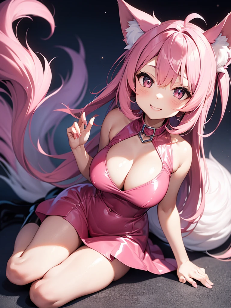 Happy , with wolf ears and pink hair, holding her cheeks, wolf tail, wearing a latex dress, looking at veiwer, full body, you can see her chest, naked breasts