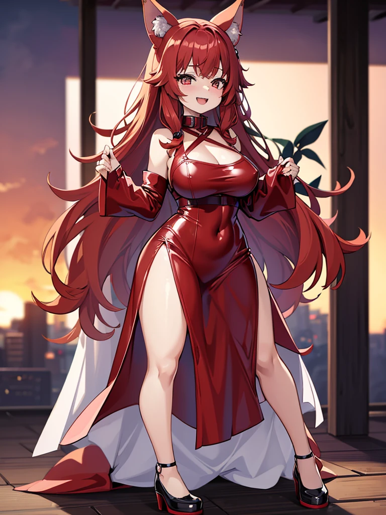 Happy woman, with wolf ears and red hair, holding her cheeks, wolf tail, wearing a latex dress, looking at veiwer, full body, you can see her chest, naked breasts