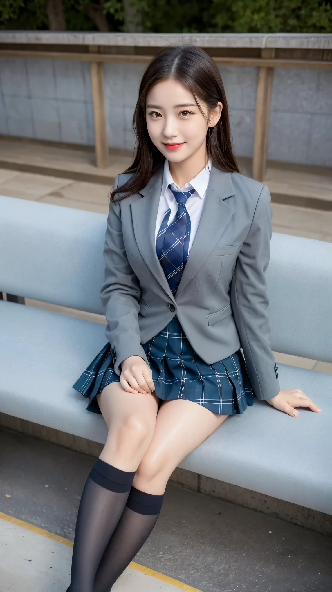 (8K), (highest quality: 1.2), (realistic), (realistic: 1.37), ultra high resolution, 1 girl, cute, smile, closed mouth, beautiful details, beautiful nose, wet hair, red lip,One-point piercing,giant dulcefo, pork, thighs,self snap,University Student Uniform,sunny day,I can see the sea,sit on a bench,cross your legs,Look down,From above,(Simple dark grey blazer 1),(dark gray pleated skirt),(dark blue bow tie),(The pattern of the skirt and tie is a tartan check pattern...:1.3),濡れたthighs,knee high tights,(thighsにクローズアップ1.2)