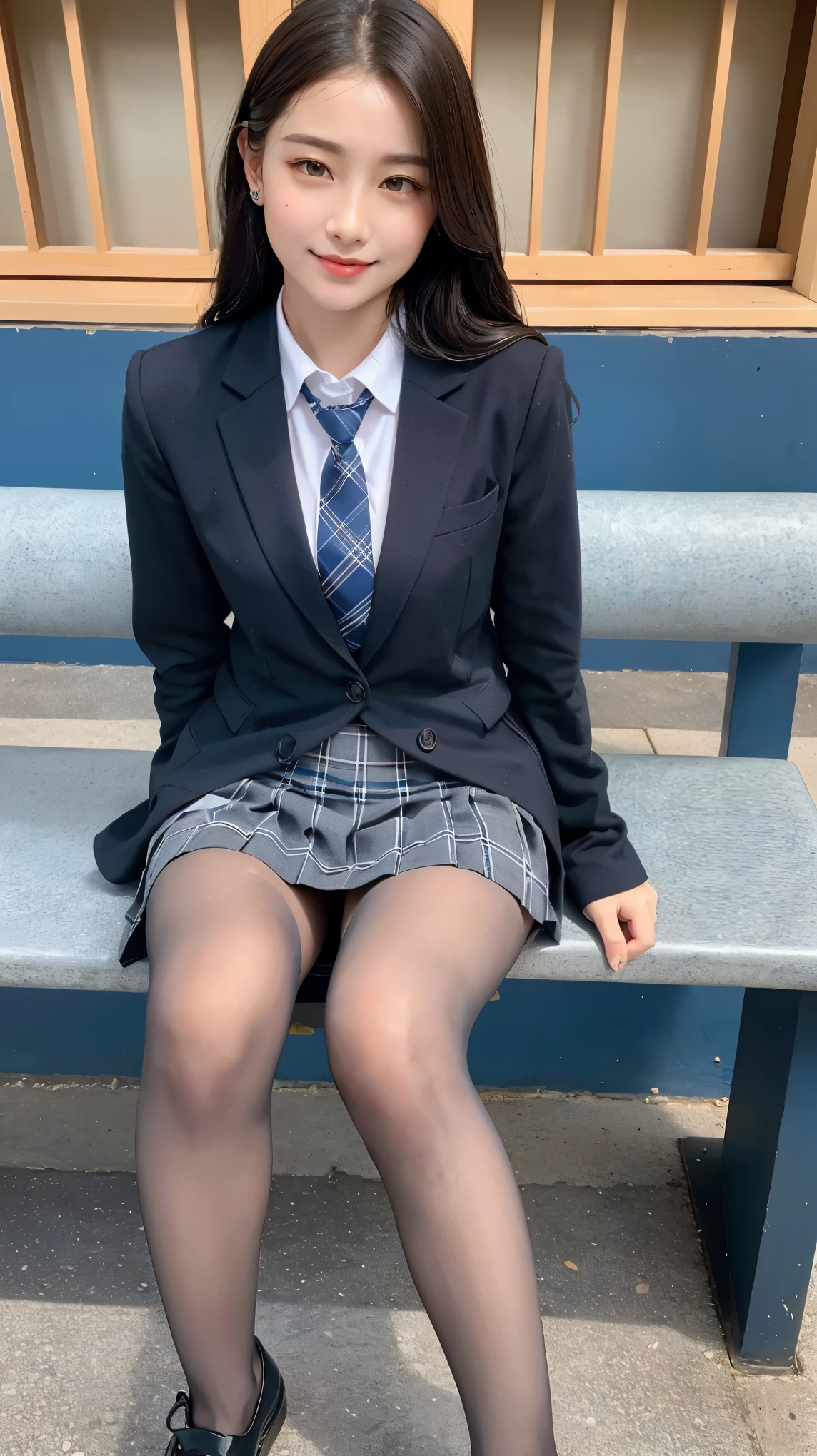 (8K), (highest quality: 1.2), (realistic), (realistic: 1.37), ultra high resolution, 1 girl, cute, smile, closed mouth, beautiful details, beautiful nose, wet hair, red lip,One-point piercing,giant dulcefo, pork, thighs，self snap,University Student Uniform,sunny day,I can see the sea,sit on a bench,cross your legs,Look down,From above,(Simple dark grey blazer 1),(dark gray pleated skirt),(dark blue bow tie),(The pattern of the skirt and tie is a tartan check pattern...:1.3),濡れたthighs,knee high tights,(thighsにクローズアップ1.2)